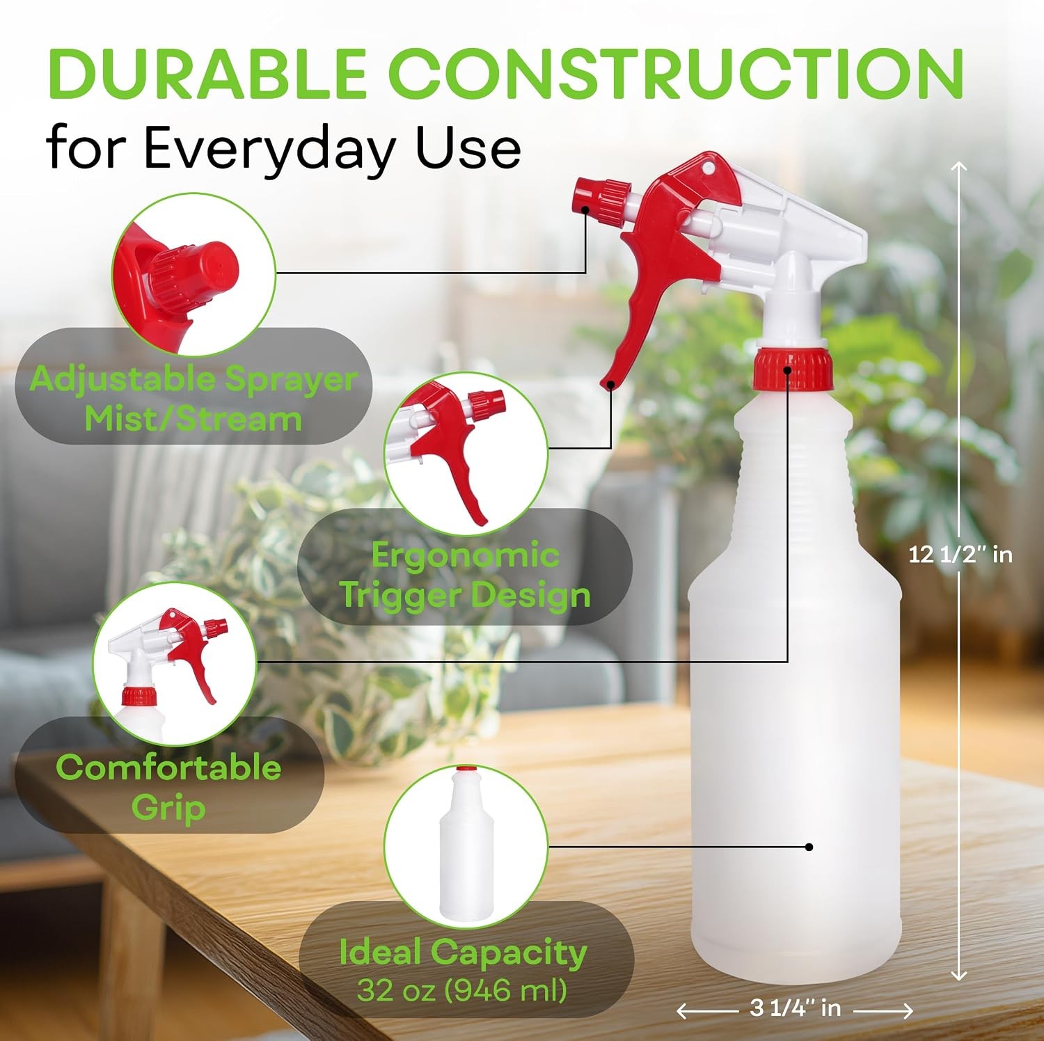 32 OZ Empty Plastic Spray Bottle, Heavy Duty with Adjustable Spray Nozzle,