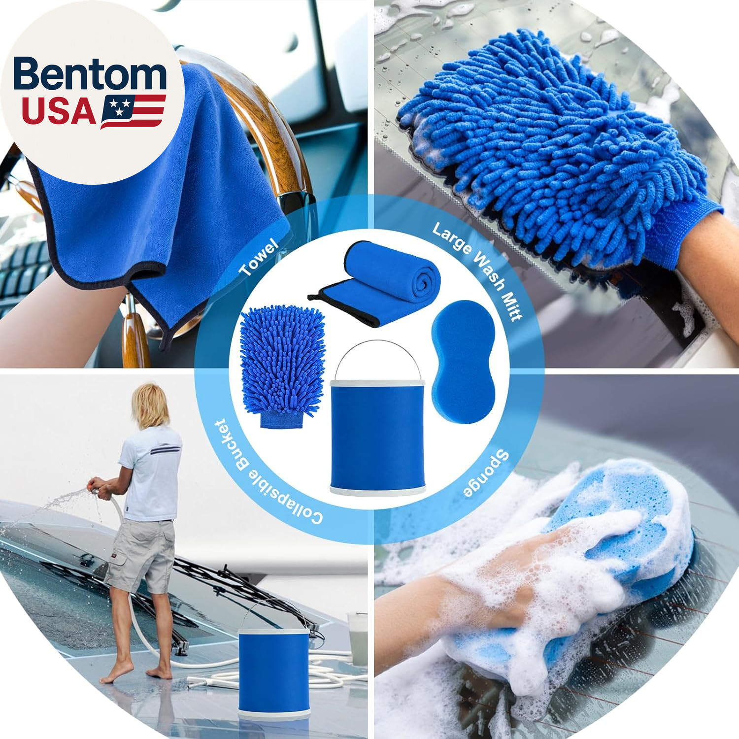 12Pcs Boat Wash Cleaning Kit with Collapsible Bucket Wash Sponge Mitt Microfiber