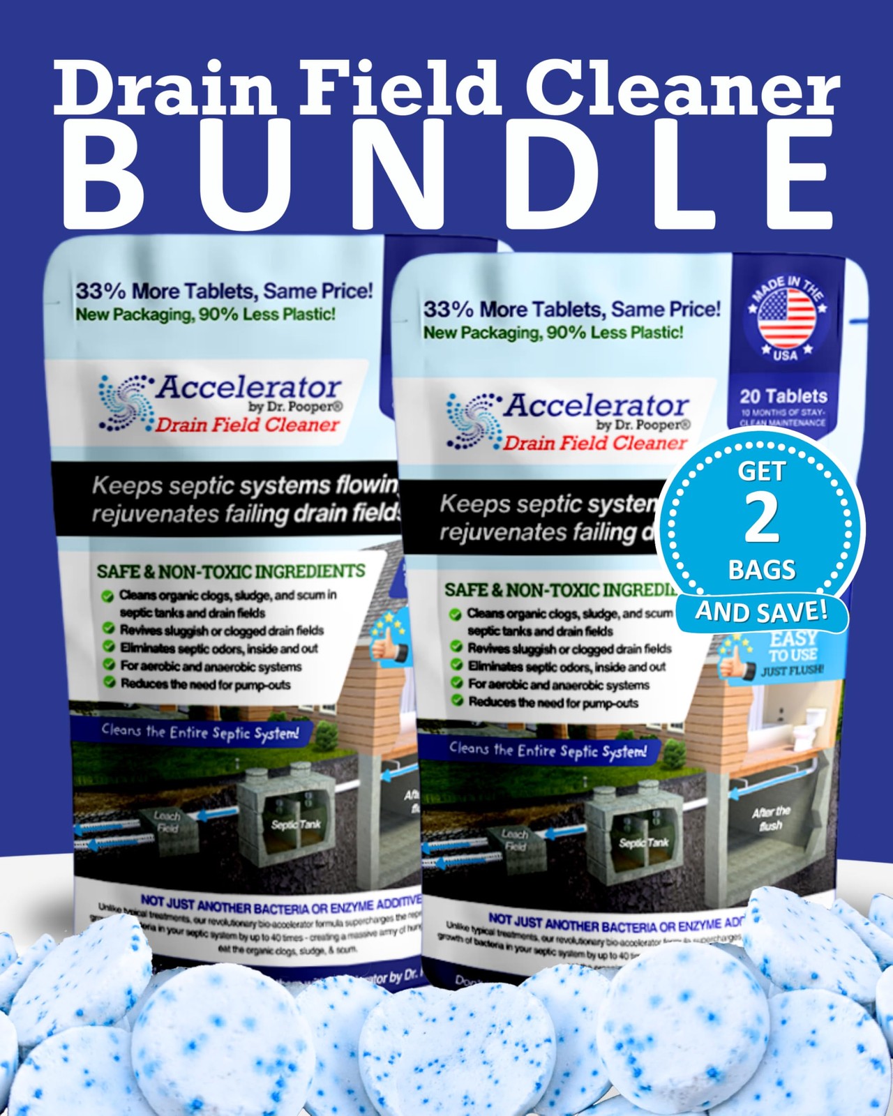 2-Pack Value BUNDLE of Drain Field Cleaner Tablets by Dr Pooper. Clears Septi…