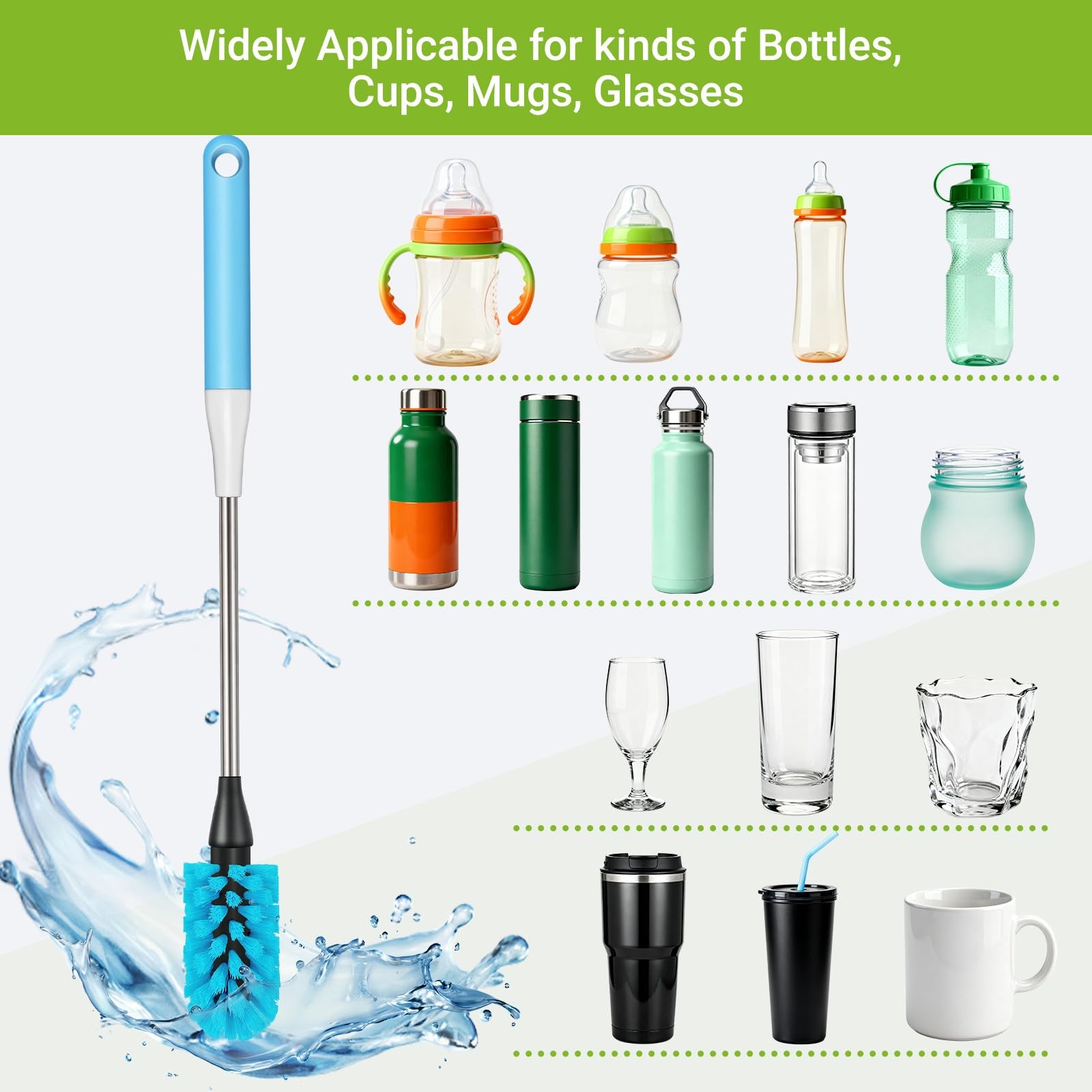3-in-1 Bottle Brush, 15 Inches Long Handle Kitchen Water Bottle Brush, Stainl…