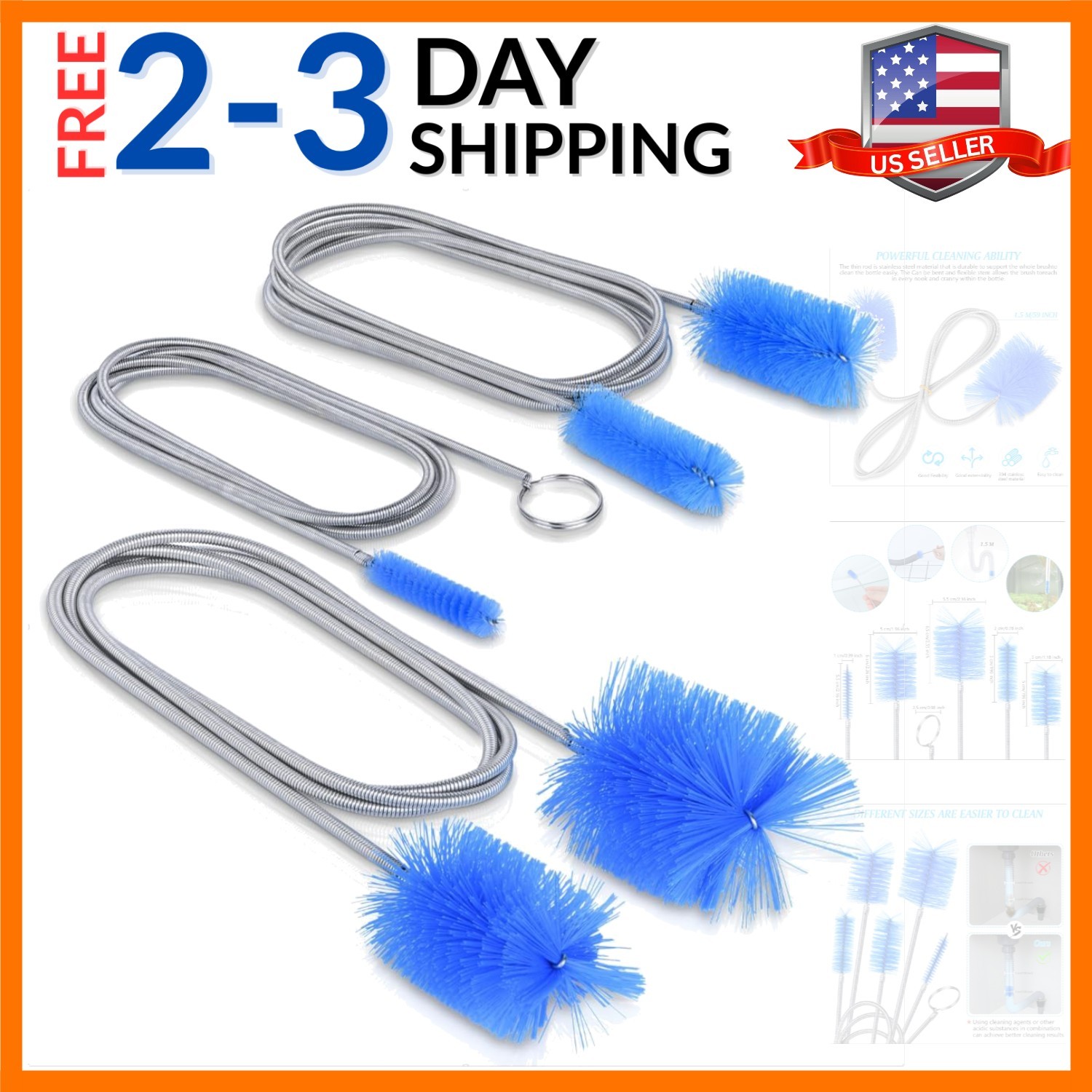 Flexible Long Drain Brush Set, 3 Piece Kit with Double Ended and Stainless S…