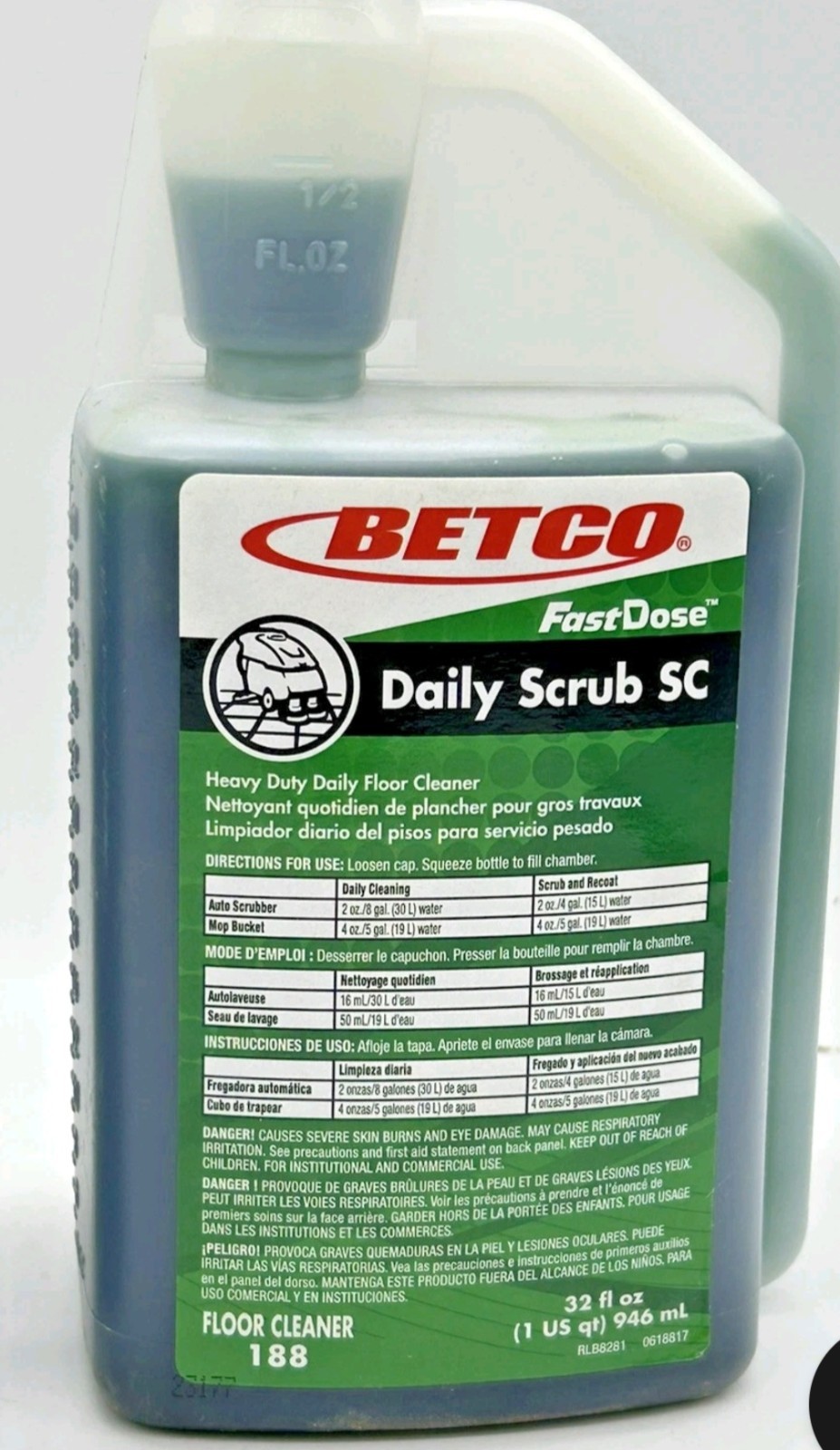 Betco Daily Scrub SC Floor Cleaner 188, 32 Oz/Bottle