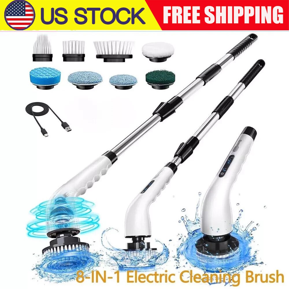 Electric Rotating Washer, Long Handle For Shower Cleaning Brush w/6 Brush Heads