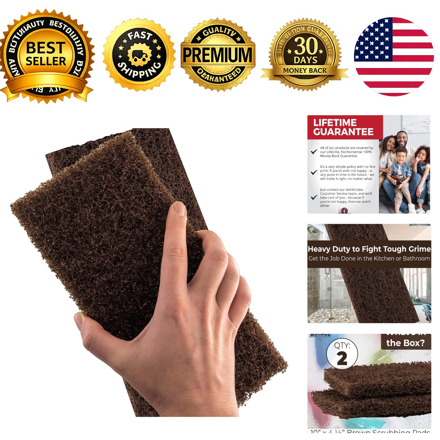 Heavy Duty XL Scouring Pad 2 Pack Brown Nylon Scrubber Pads 10×4.5in