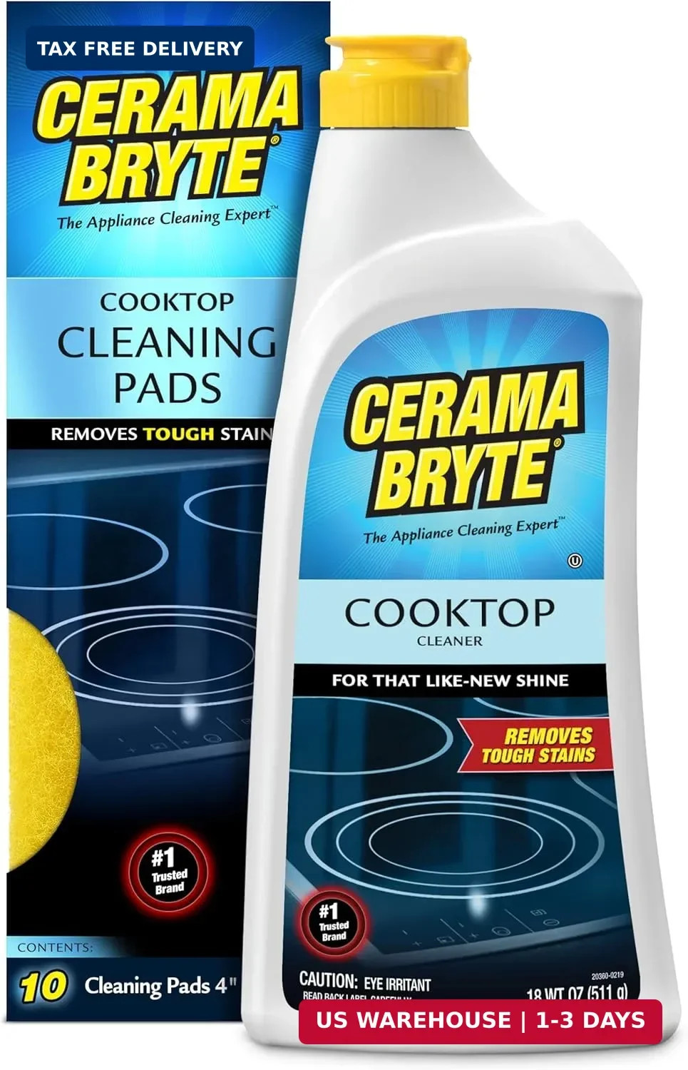 Cerama Bryte Glass Cooktop Cleaner Bundle, 18 oz Bottle & 10 Pads