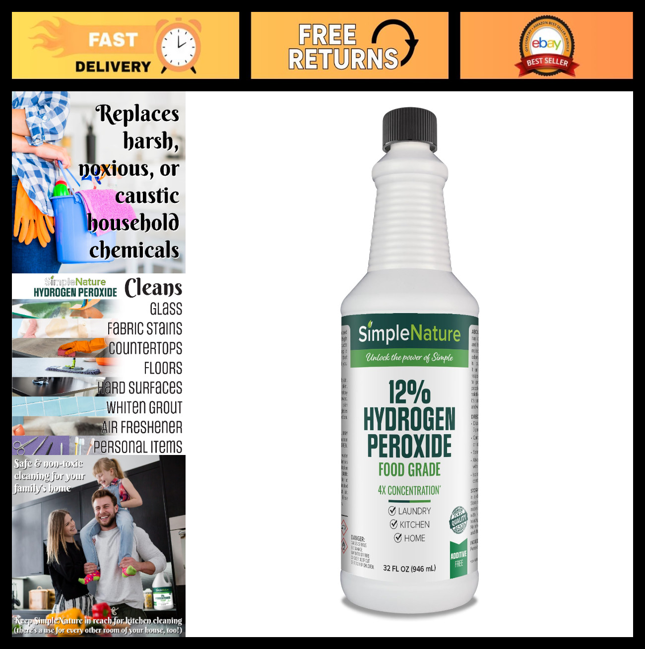 12% Food Grade Hydrogen Peroxide 32oz – Natural Cleaner for Home & Commercial Us