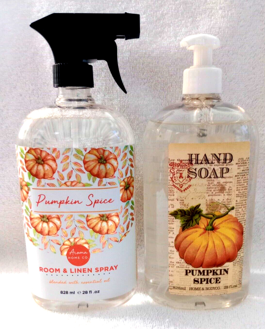 2- LOT Home & Body Co PUMPKIN SPICE Room Linen Spray & Hand Soap 28 oz ea.