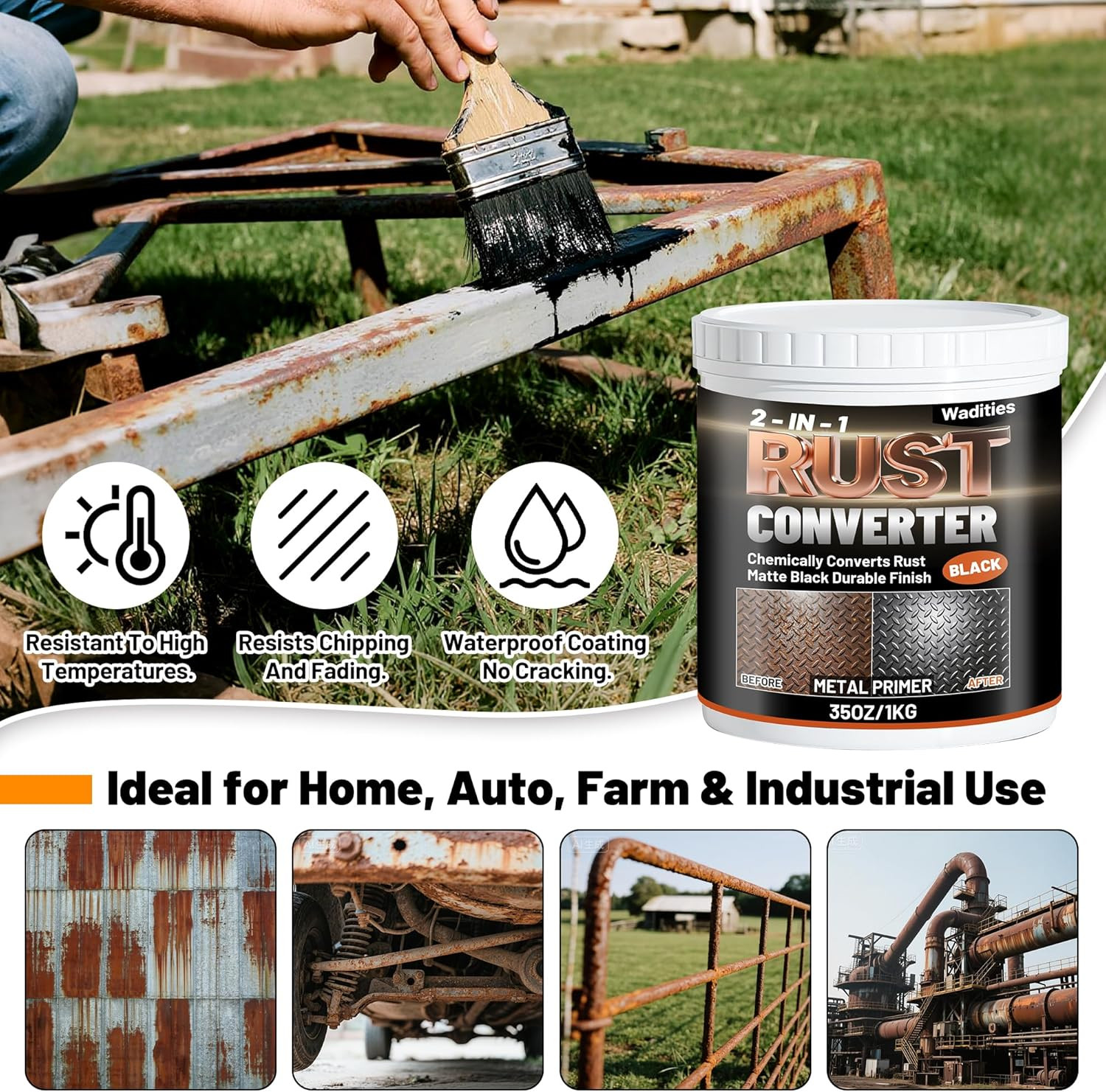 2-In-1 Rust Converter & Metal Primer, 35Oz Matte Black Rust Inhibitor Paint for