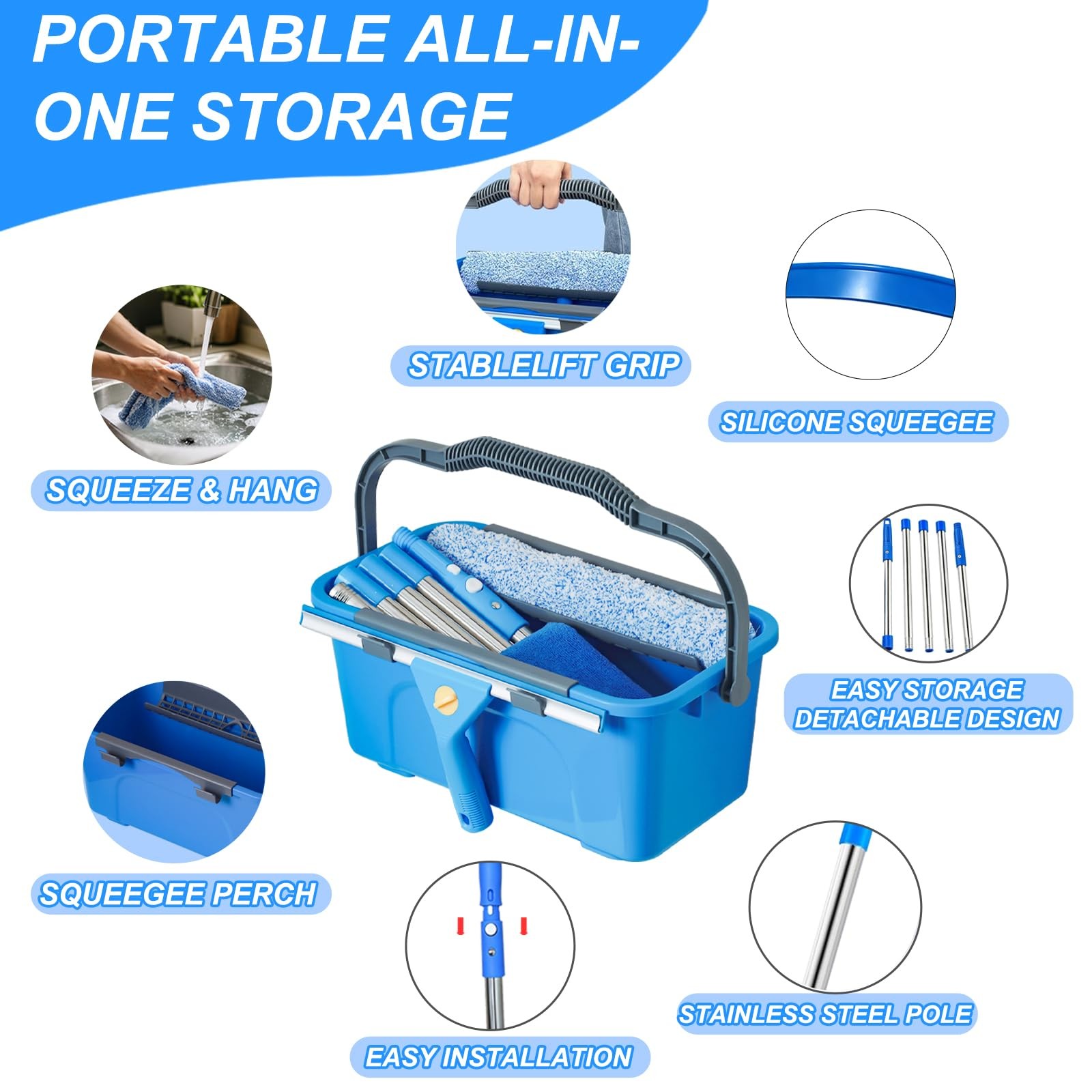 Professional Window Cleaning Kit with 76″ Telescopic Pole, Bucket 3 Gallon,2P…
