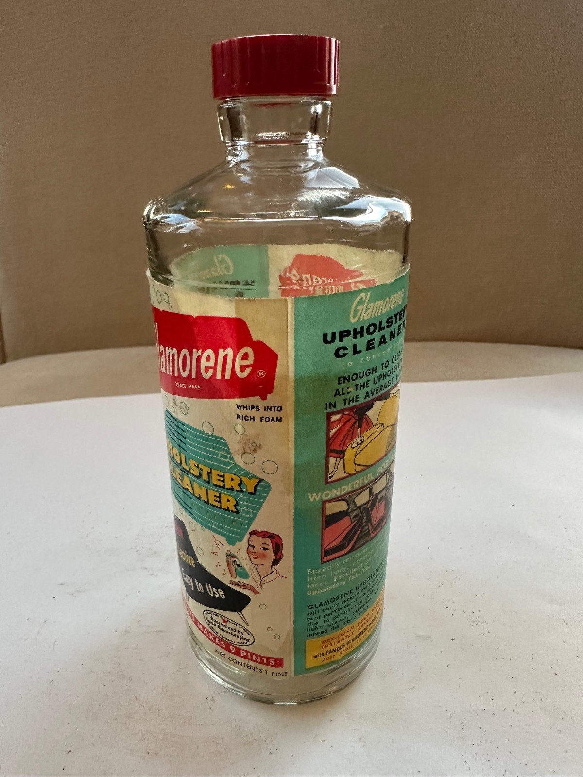 Vintage Glamorene Upholstery Cleaner One Pint Bottle With Lid. No contents.