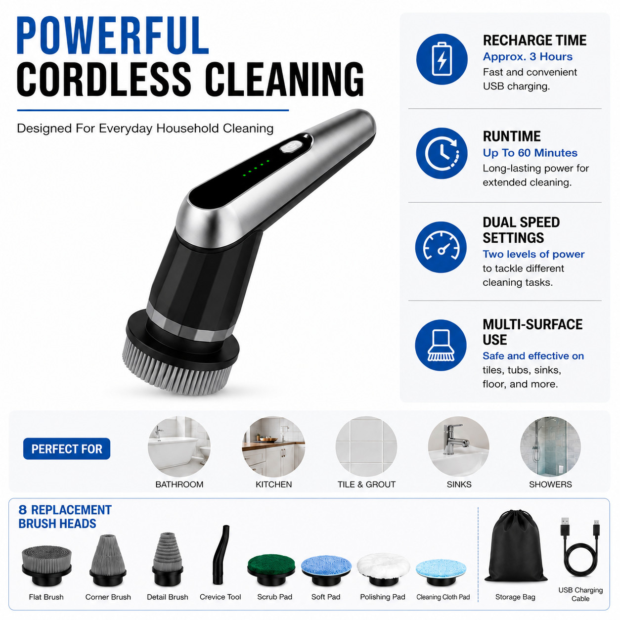 Electric Spin Scrubber Cordless Shower Cleaner 12-in-1 Long Handle