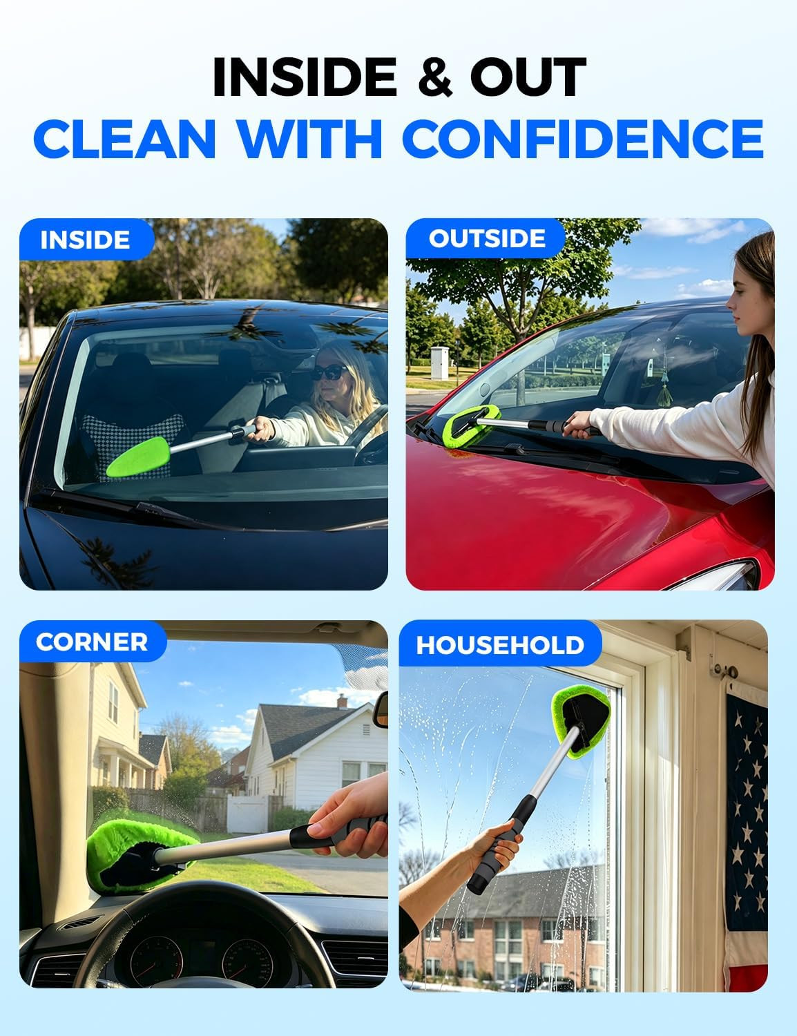 XINDELL Windshield Cleaner Tool – Car Interior Window Cleaning Kit with Extendab