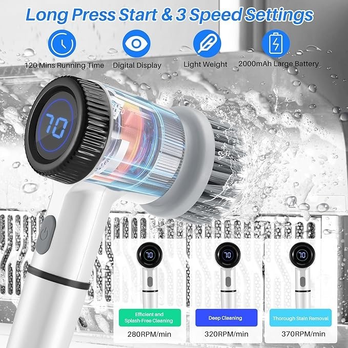 Cordless Electric Spin Scrubber 3-Speed Power Cleaning Brush w/Battery Display