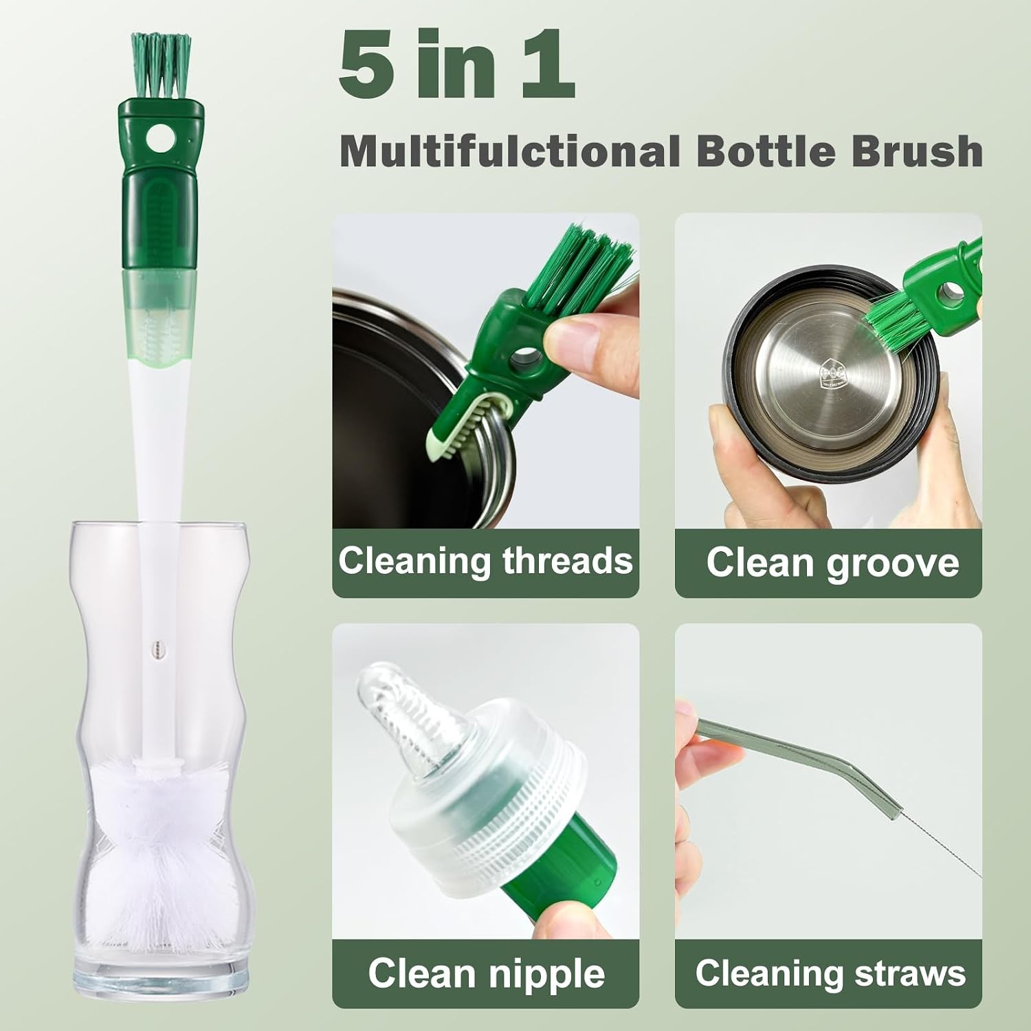 5 Pack Bottle Brush Set, 5 in 1 Water Bottle Cleaning Brush, Long Handle Narrow