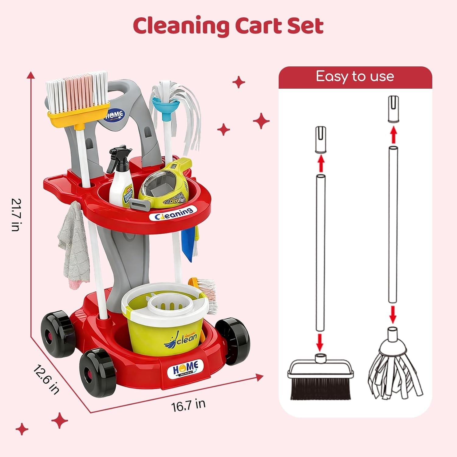 Toddler Cleaning Toy Set Kids Pretend Play Educational Kit with 2-in-1 Toy
