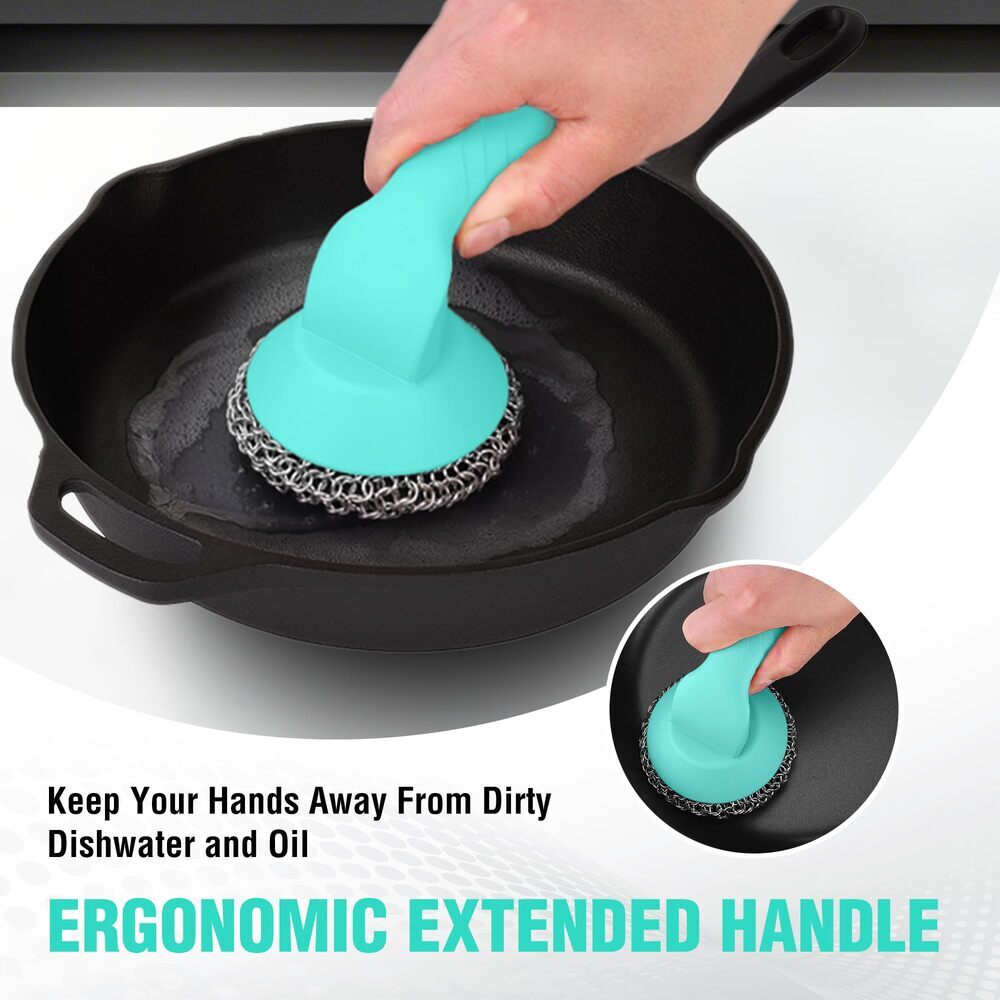 HAUSHOF Cast Iron Scrubber with Long Handle Kitchen Cleaning Kit for Grill Oven