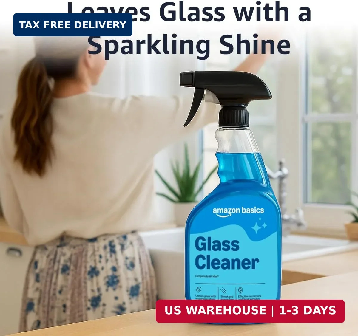 Amazon Basics Glass Cleaner, Streak-Free Shine, 32 Fl Oz, Pack of 2 with 1 Spray