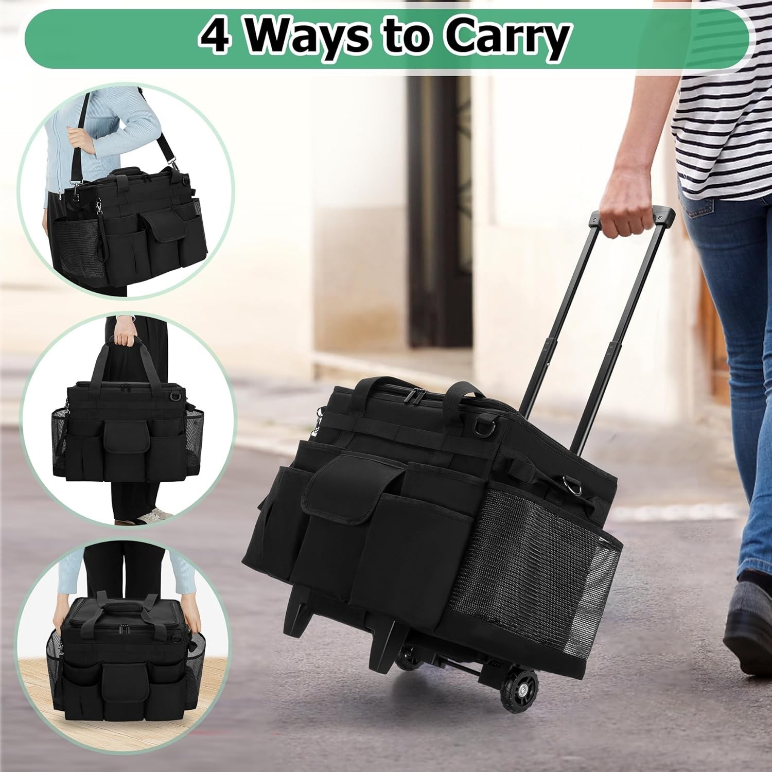 Portable Cleaning Supplies Organizer: Black Rolling Caddy with Adjustable Height