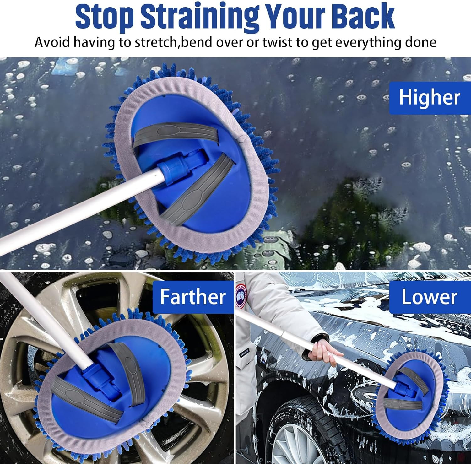 Anngrowy 62″ Microfiber Car Wash Brush with Long Handle Car Washing Mop Kit Mitt