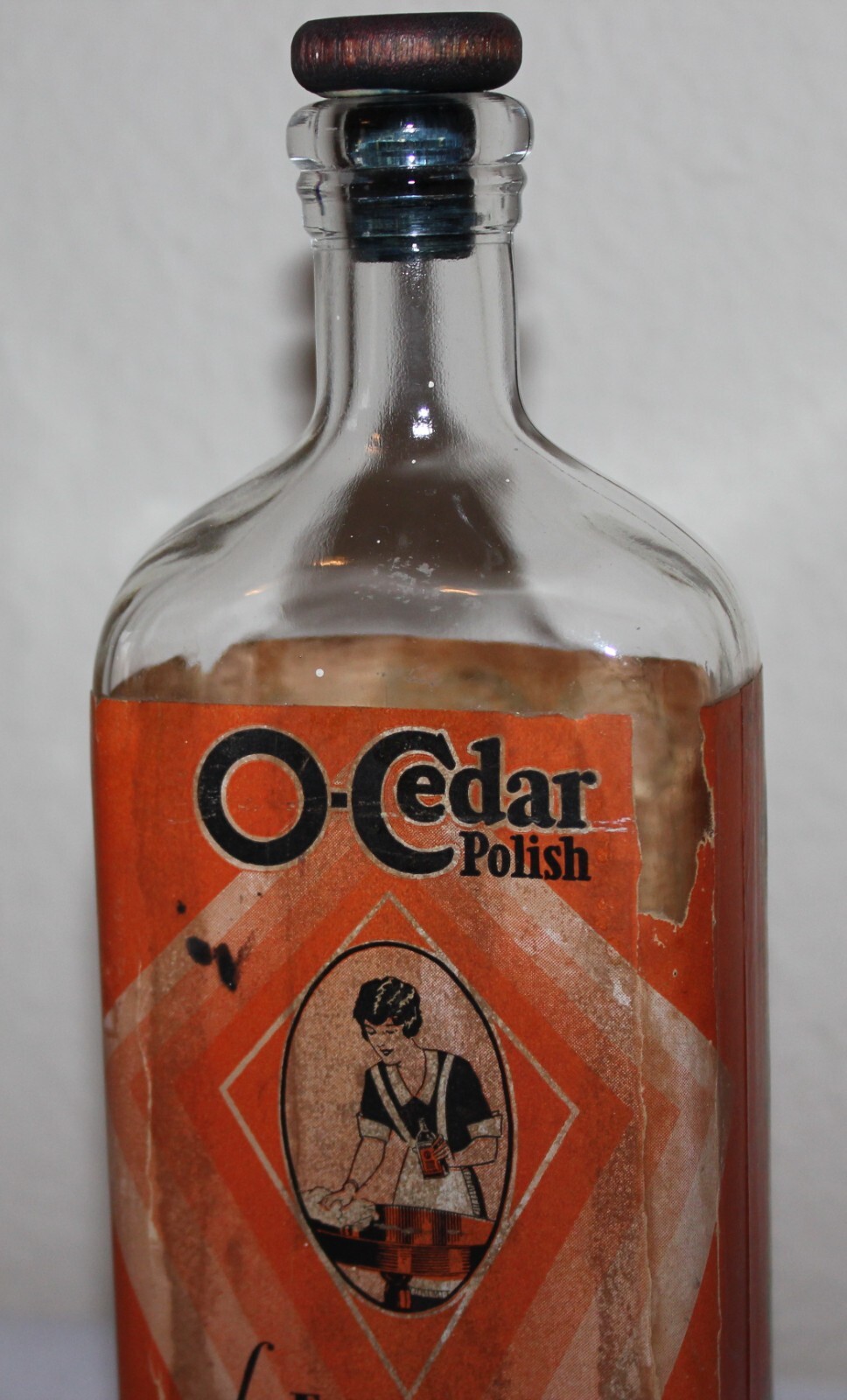 Antique O-CEDAR Polish Glass Bottle Paper Lable Wood Stopper Cap Advertising