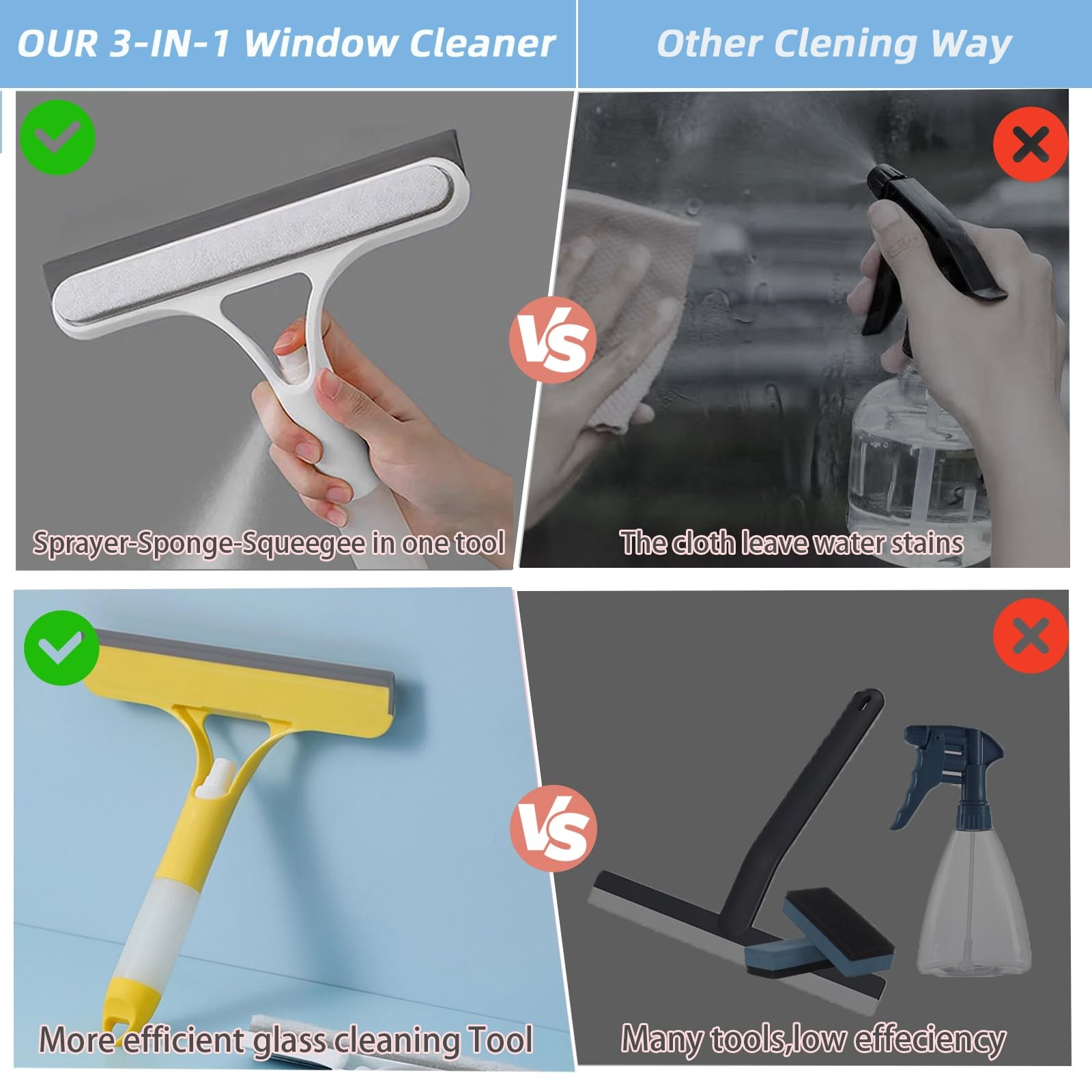 3 in 1 Window Squeegee, Cleaning Scraper with Scrubber Sponge Sprayer Clean K…