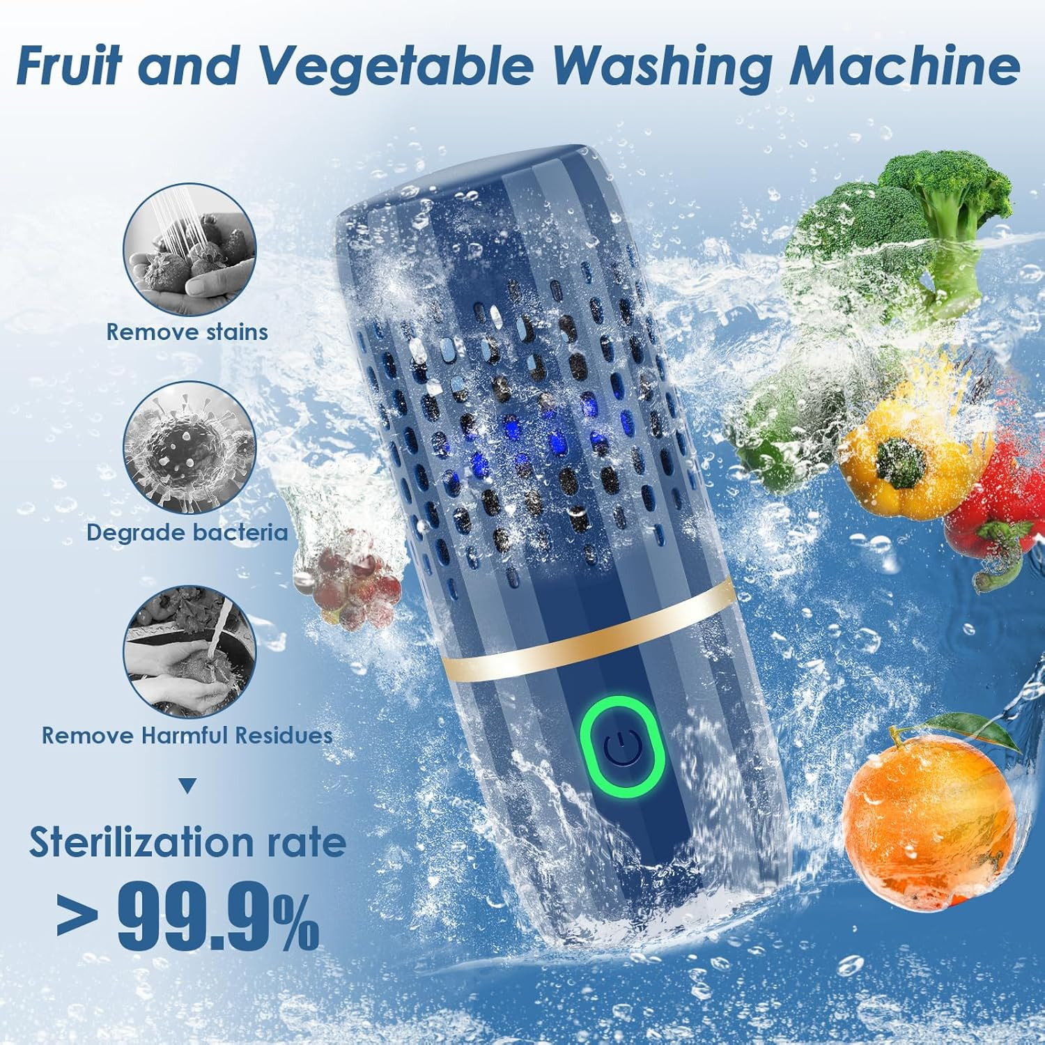 Fruit and Vegetable Purifier Washer Machine OH-Ion Wireless Food Cleaner Blue