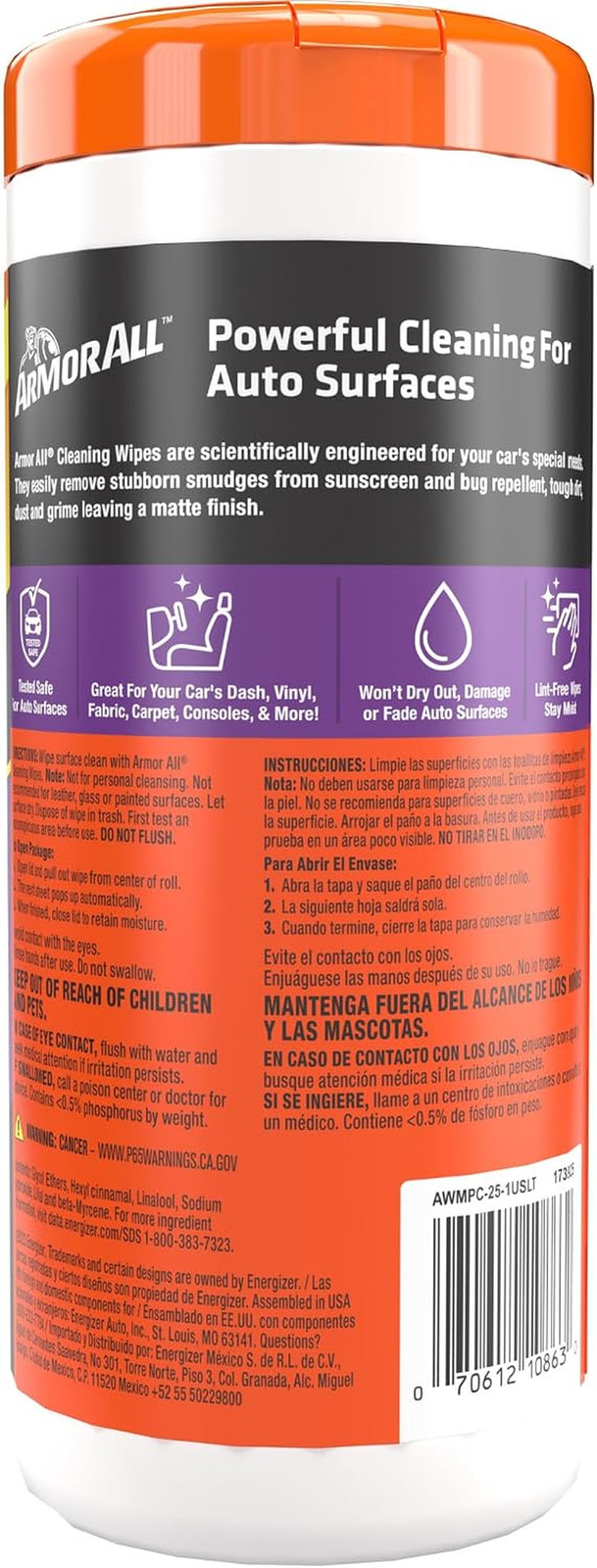 Interior Car Cleaning Wipes, 25 Count Canister, Powerful Cleaning for Dashboards