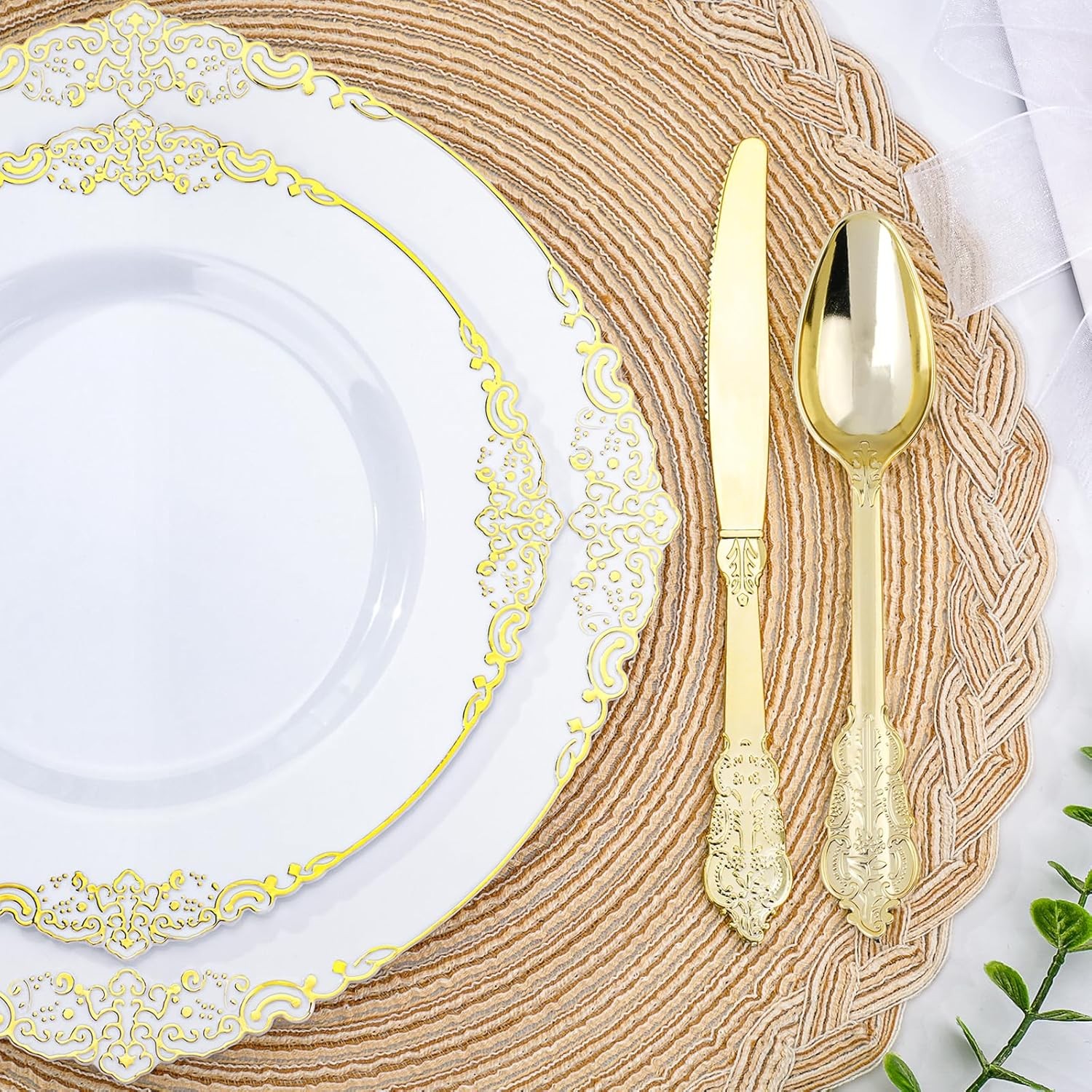 Realluck 350 PCS White and Gold Plastic Plates, Plastic Dinnerware Set for 50