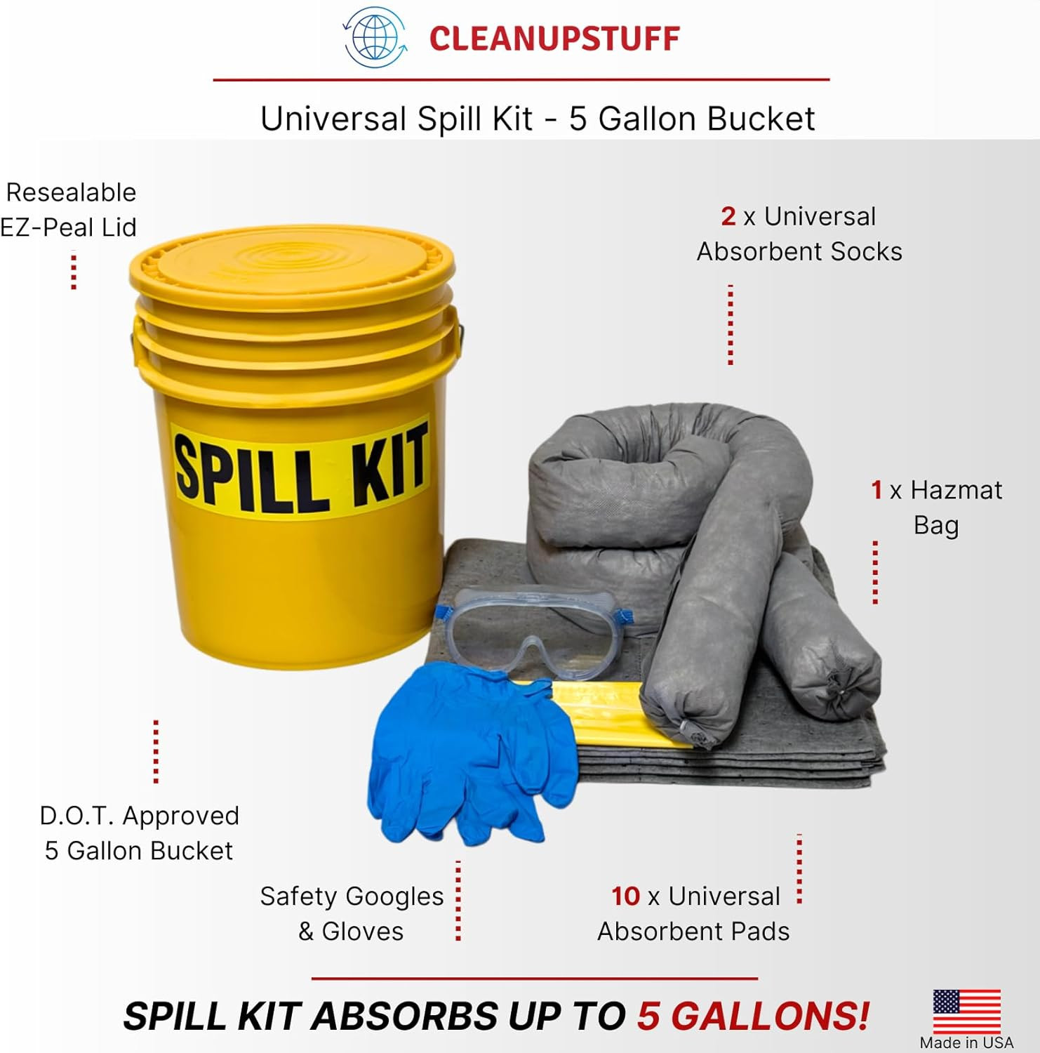 Original Bucket Spill Kit – Universal Absorbents & 5-Gallon Yellow Bucket – Spil