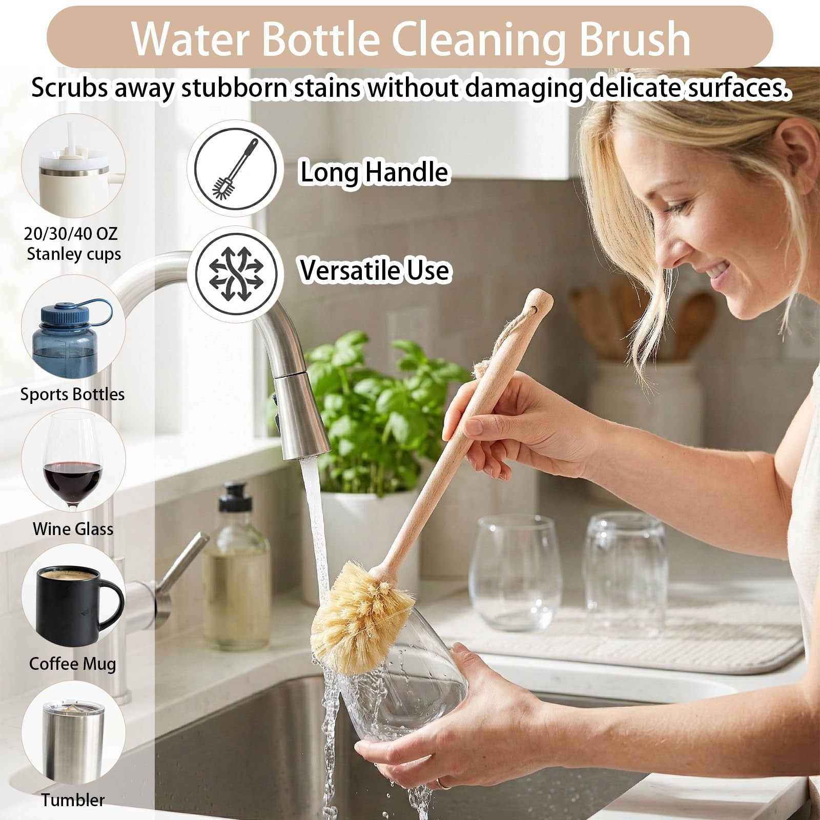 7-Piece Dish Brush Set, Natural Kitchen Scrub Brush Kit with Wooden Handle fo…