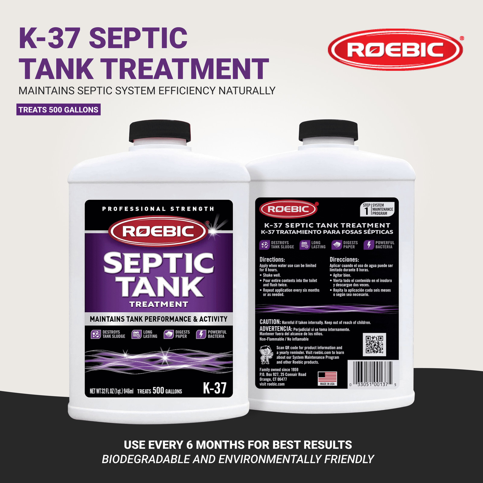 (2 pack) Roebic K-37 Liquid Septic Tank Treatment, Drain Clog Remover 32 Fl Oz
