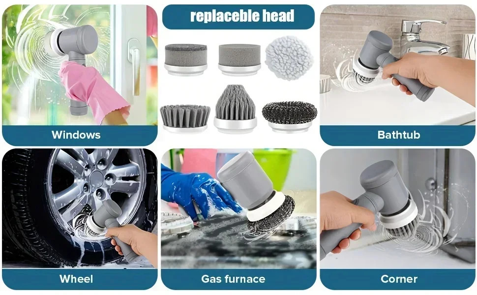 Electric Spin Scrubber Brush with 5 Replaceable Brush Heads