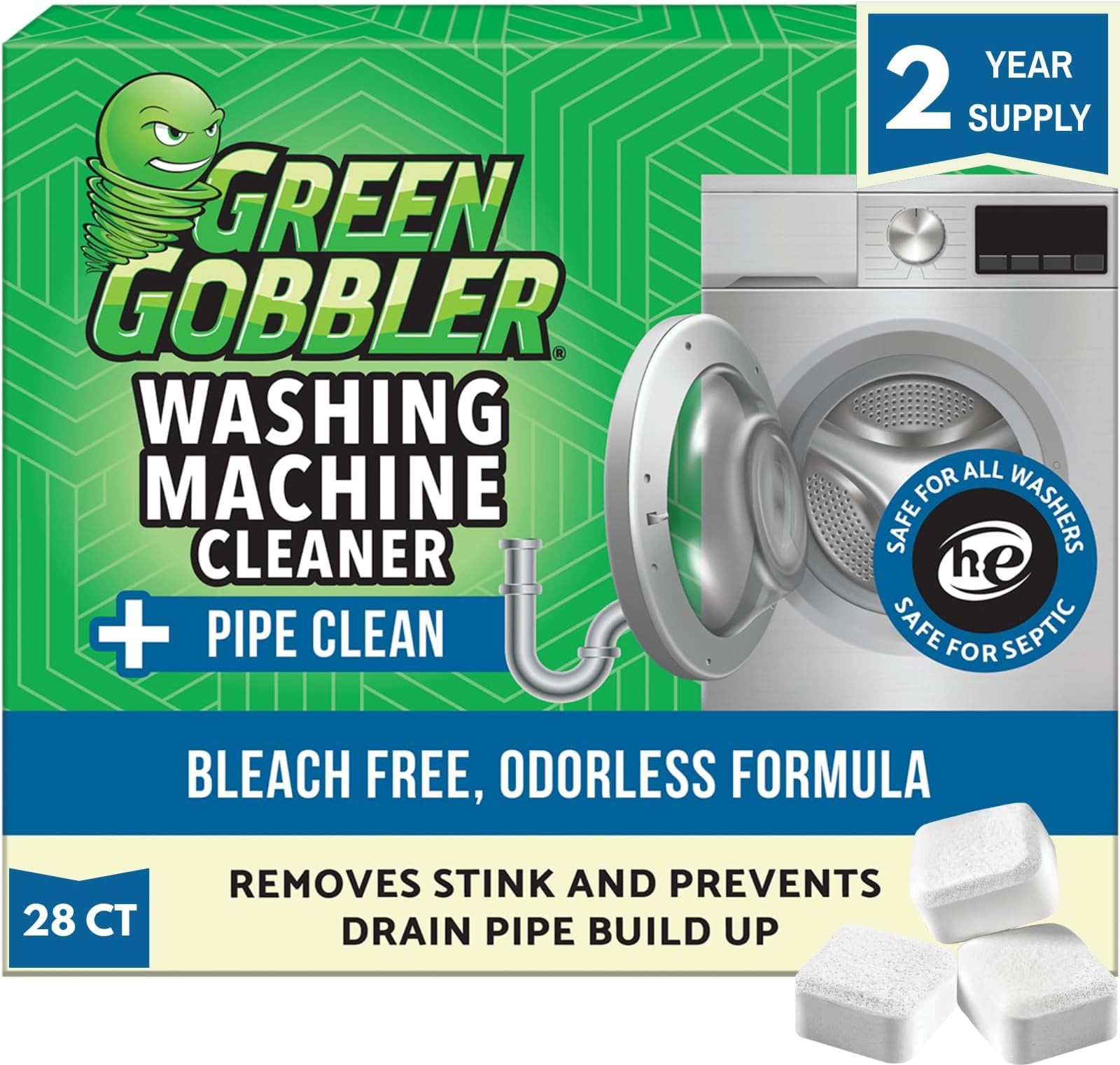 Green Gobbler Premium Washing Machine Cleaner & Deodorizer Tablets with Pipe,…