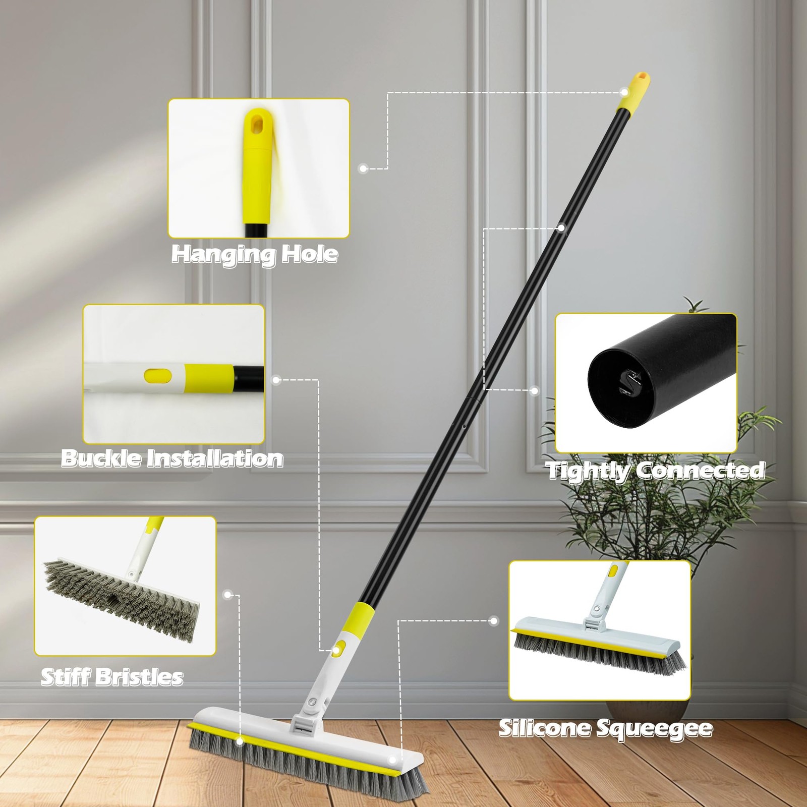 Cepillo para fregar pisos con mango de 50″ de largo y rotación de 180°, 2 en 1