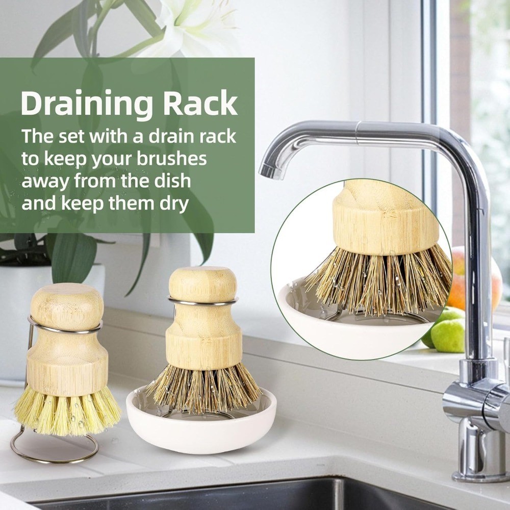 Natural Bamboo Dish Brush Set with Holder Fast Dry Kitchen Scrub Brush for