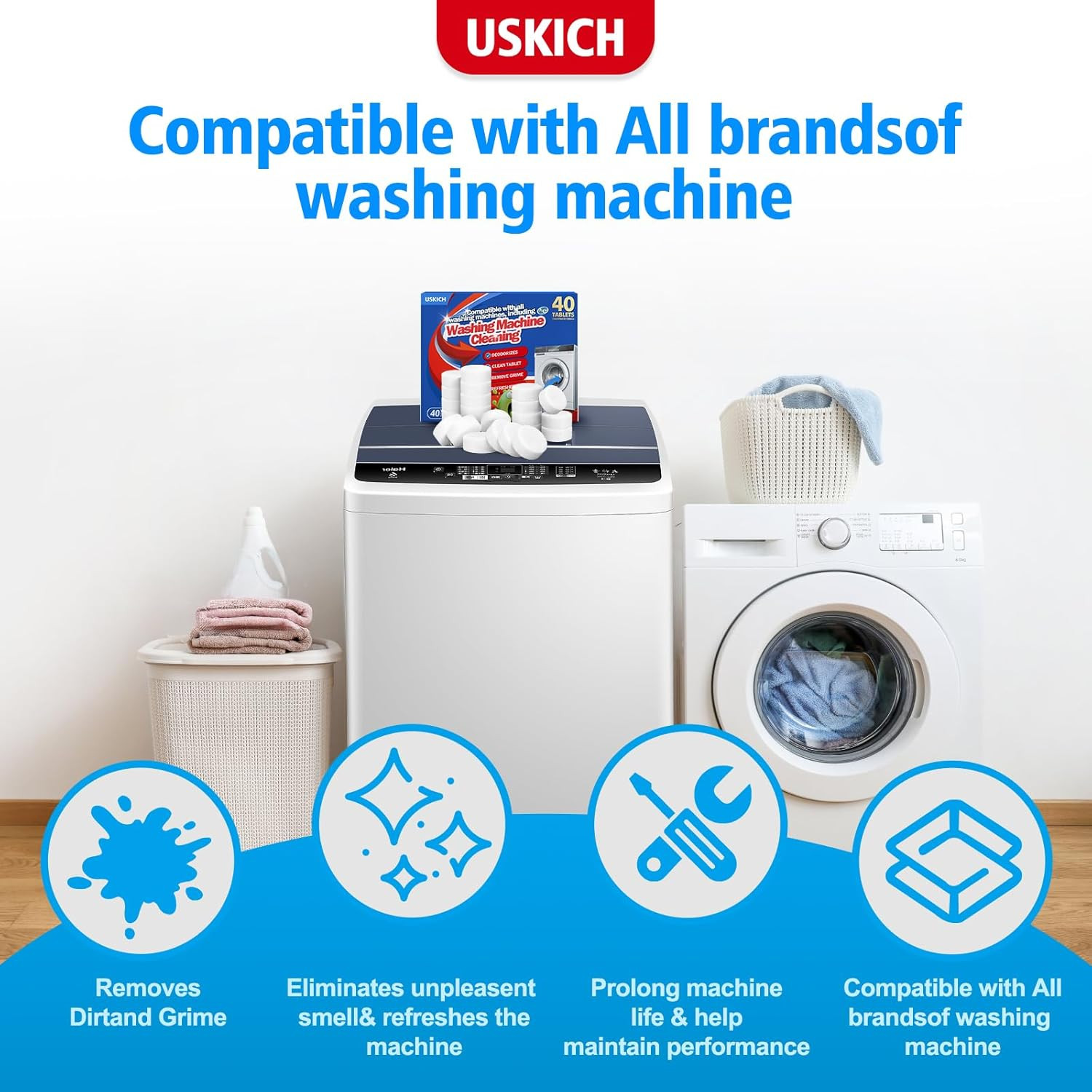 USKICH Washing Machine Cleaner Descaler 40 Pack-Deep Cleaning Tablets For HE Fro