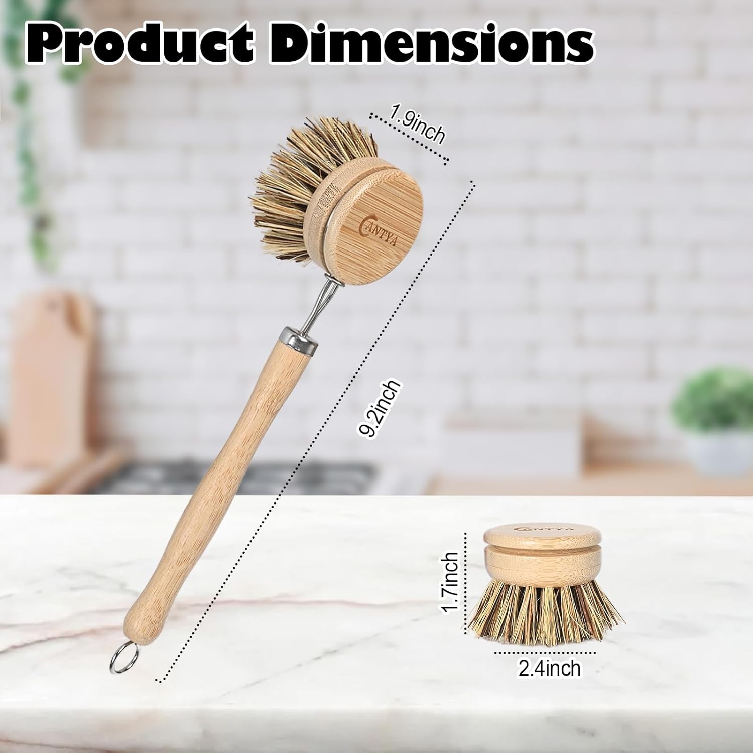 Bamboo Dish Scrubber with Handle – Hard Bristle, Natural Kitchen Brush