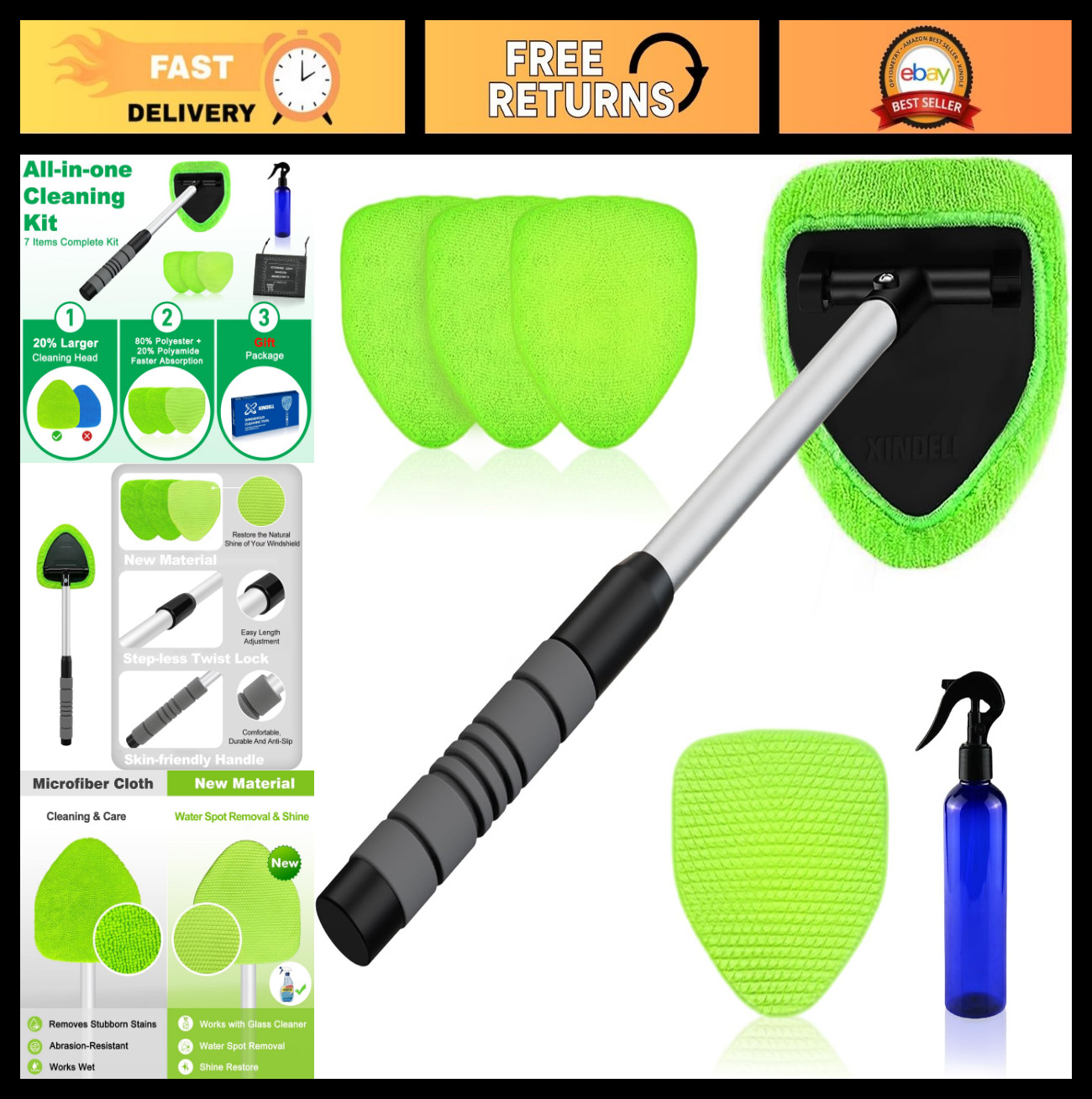 Windshield Cleaner Tool – Extendable Handle Car Window Cleaning Kit & 4 Microfib