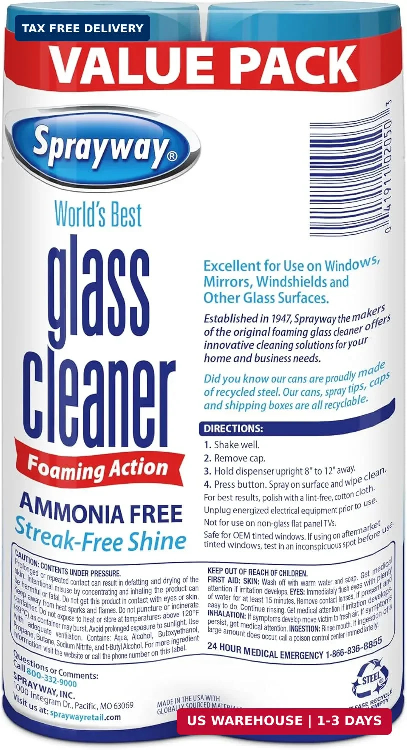 Sprayway Glass Cleaner Foaming Aerosol Spray, 19oz, Pack of 2 | Ammonia-Free, St