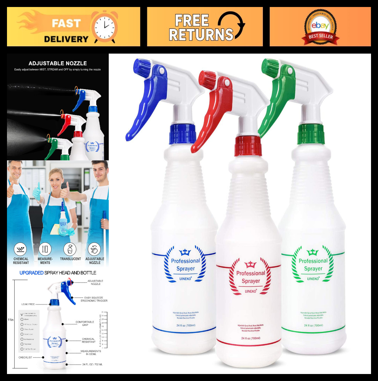 3 Pack 24 Oz Heavy Duty Plastic Spray Bottles – Leak Proof Mist for Cleaning, Pl