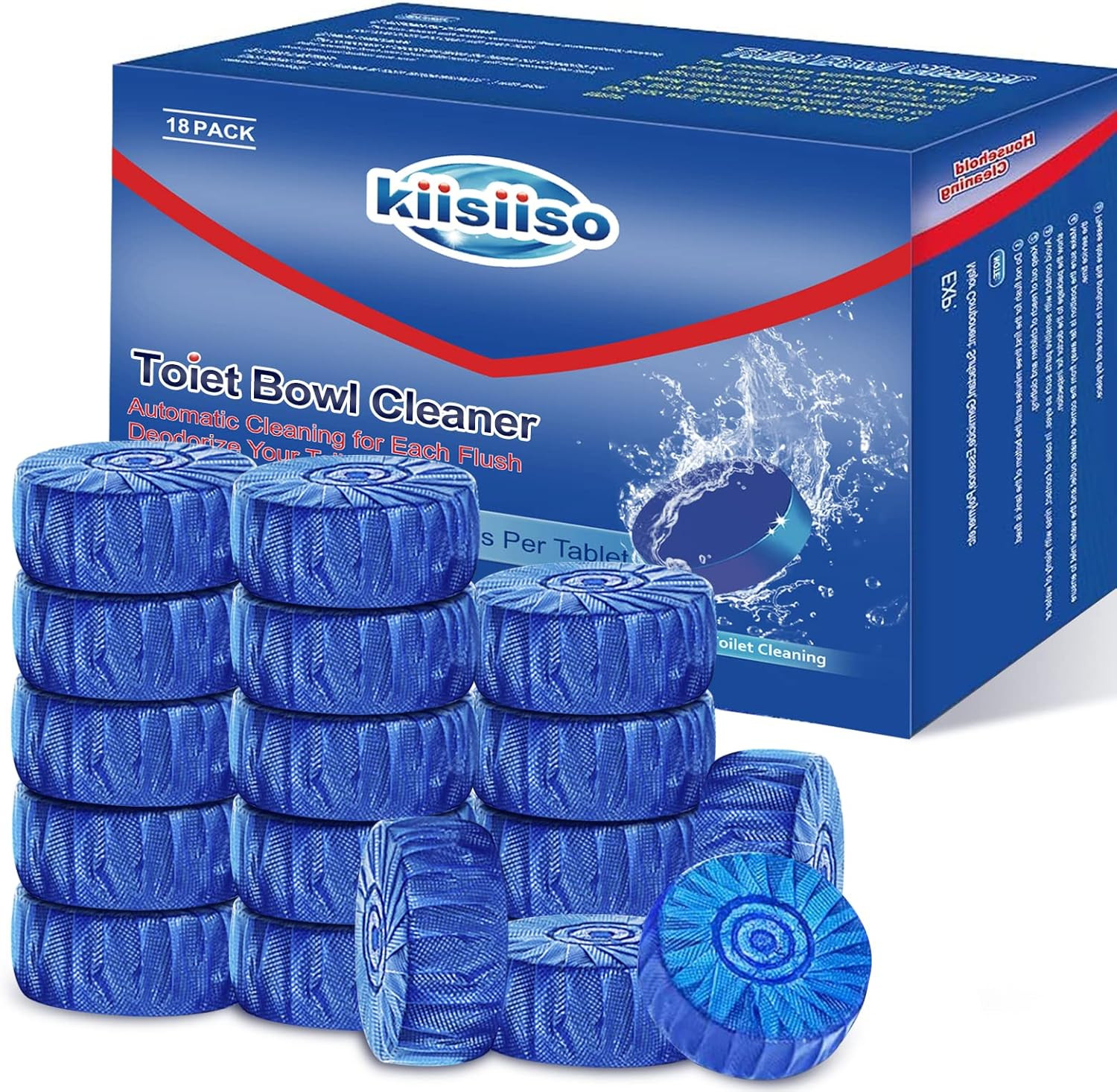 KIISIISO Toilet Bowl Cleaner Blue Tablets 18 Pack, Slow-Dissolving Automatic Bow