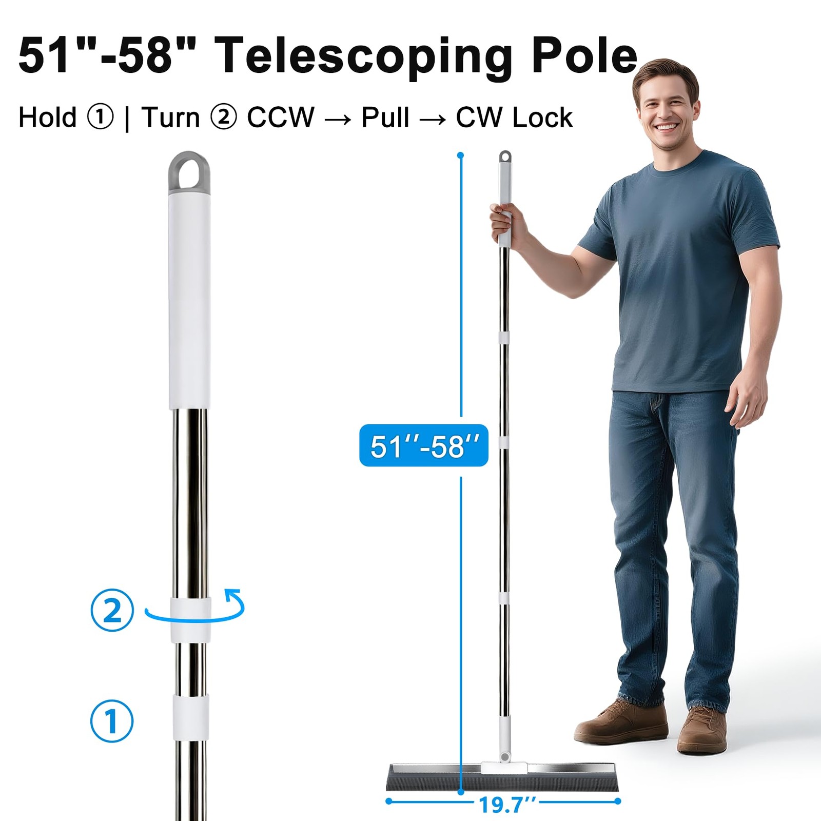 19.7” Large Floor Squeegee for Concrete Floor with 51”-58” Telescoping Sta…