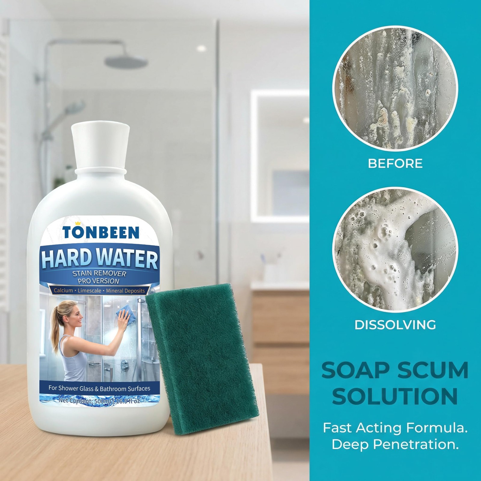 TONBEEN Hard Water Stain Remover Paste with 800 & 1200 Grit Pads, 500ml