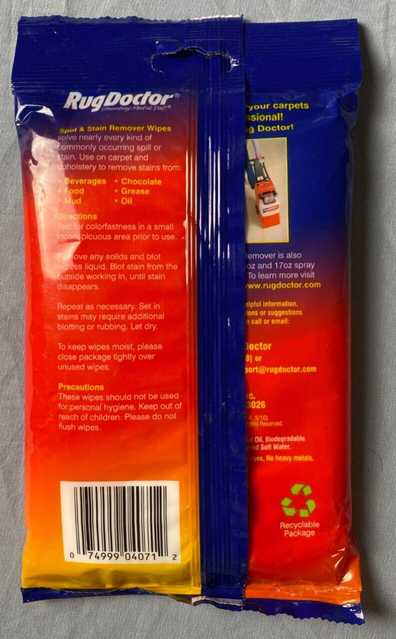 Rug Doctor Spot & Stain Remover Wipes 24 Count Pre-Moistened 6x9in NEW