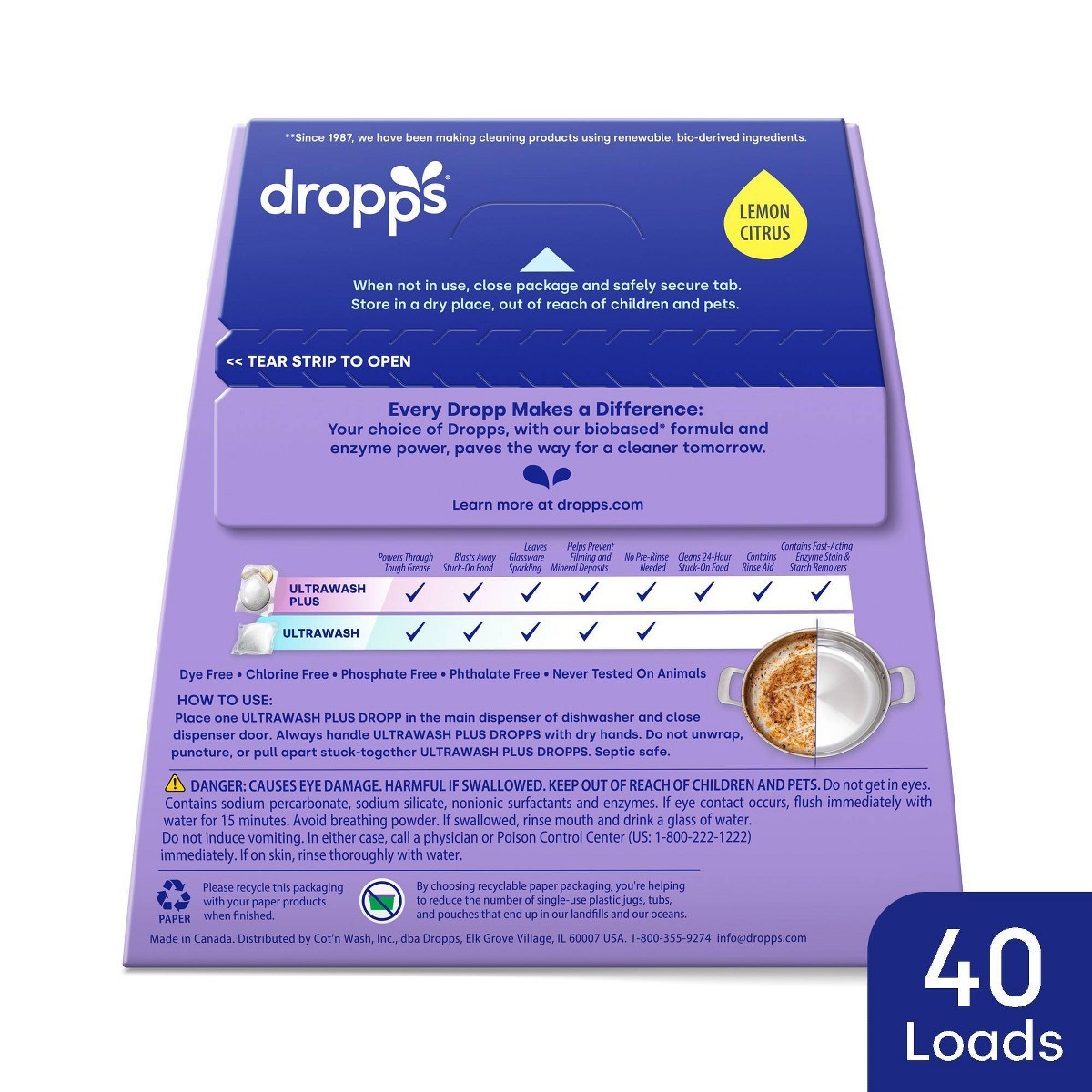 Dropps Dish UltraWash Plus Biobased Detergent Pods – Lemon Citrus – 16.93oz/40ct