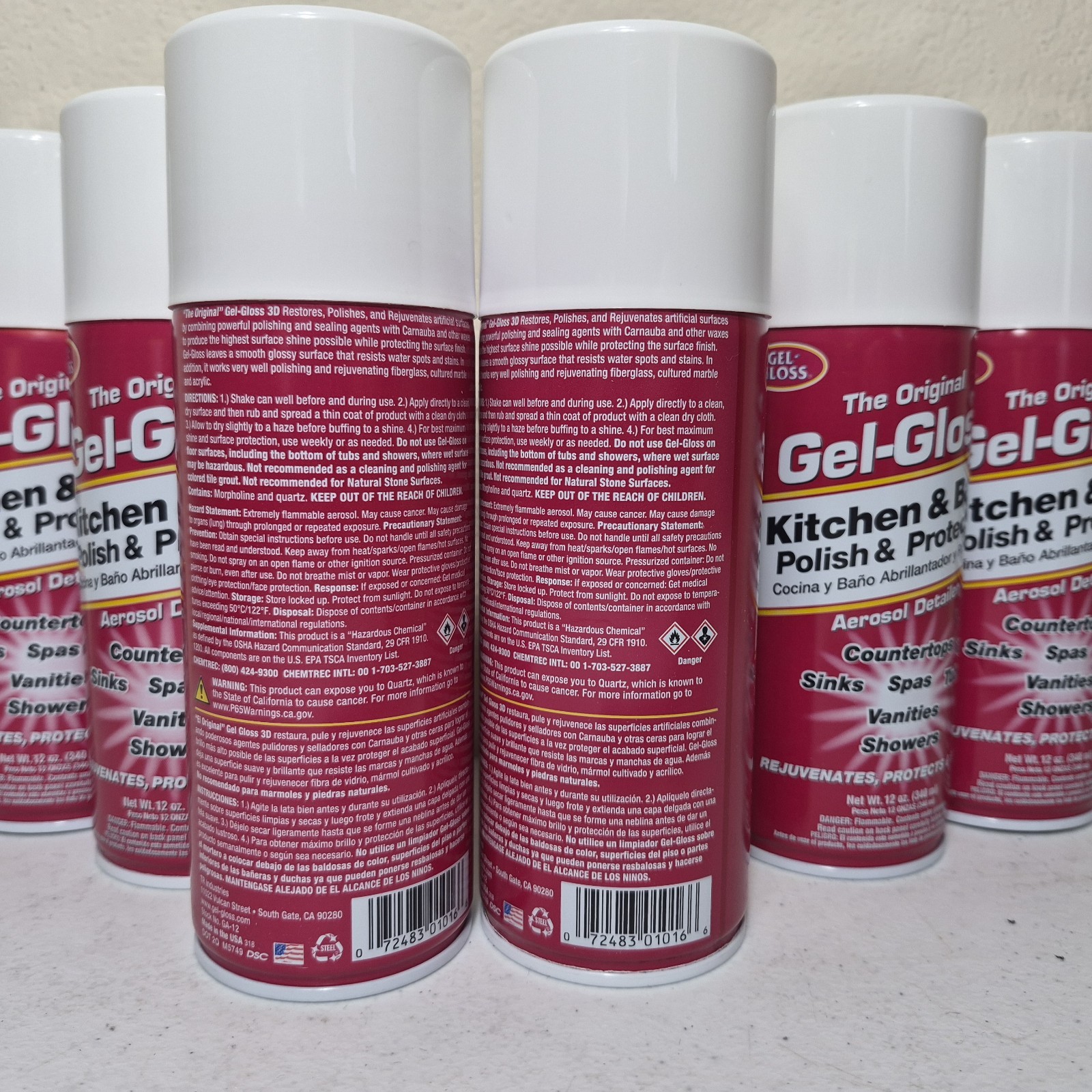 Lot of 6 – Gel Gloss Cleaner 12 Ounce Aerosol Safe for Acrylics Stainless Steel