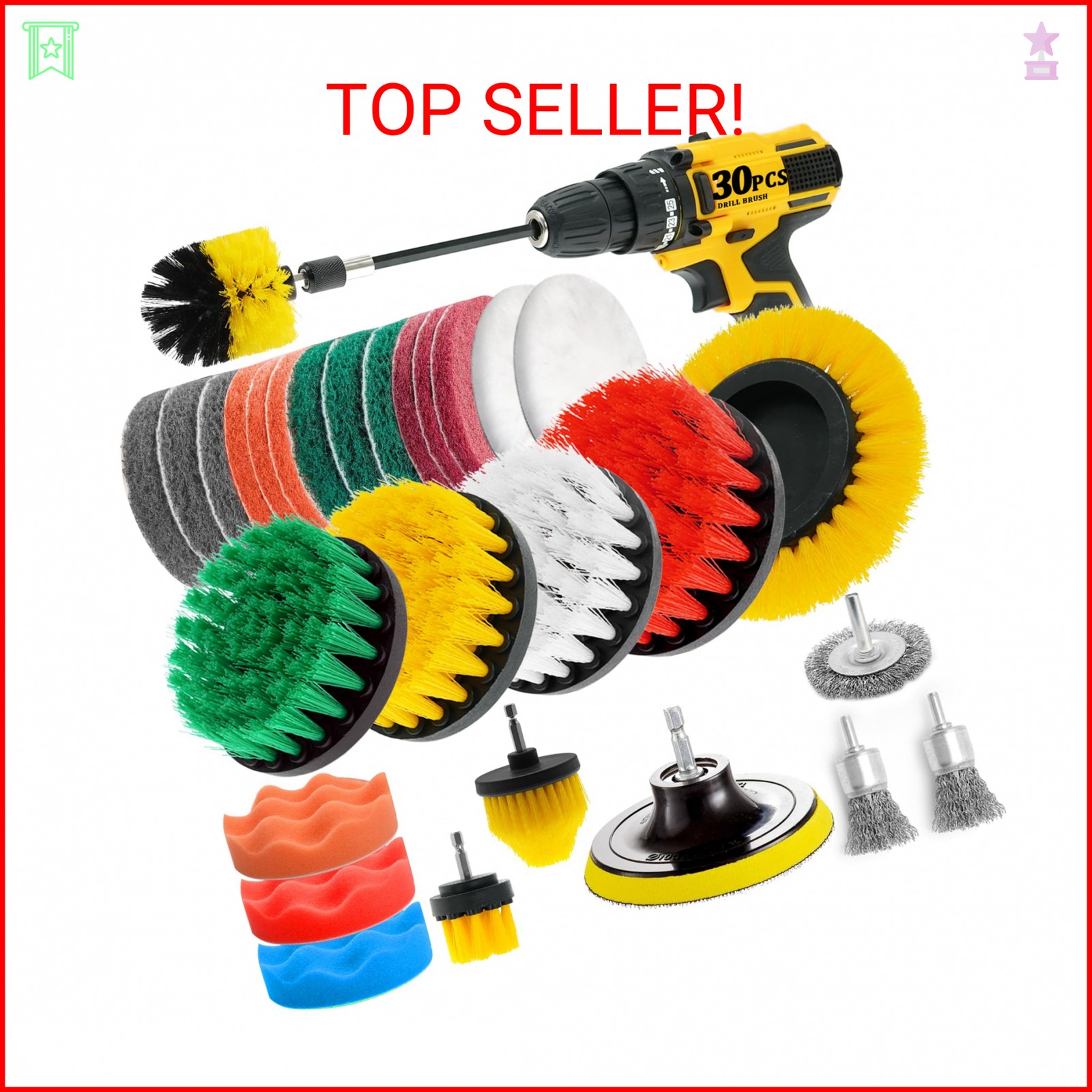ETOUPA 30 Piece Drill Brush Attachments Set, Scrub Pads & Sponge & Wire Brush fo