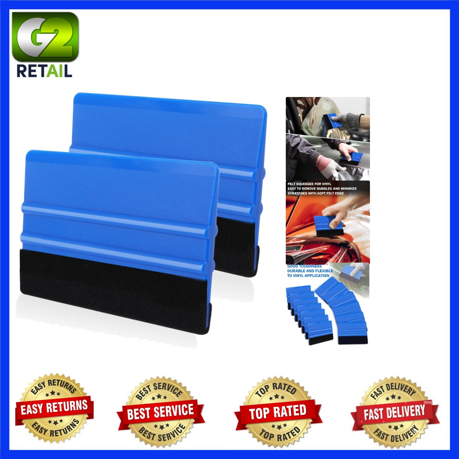 Professional Blue Felt Vinyl Squeegees – 2 Pcs for Craft and Tinting Excellence
