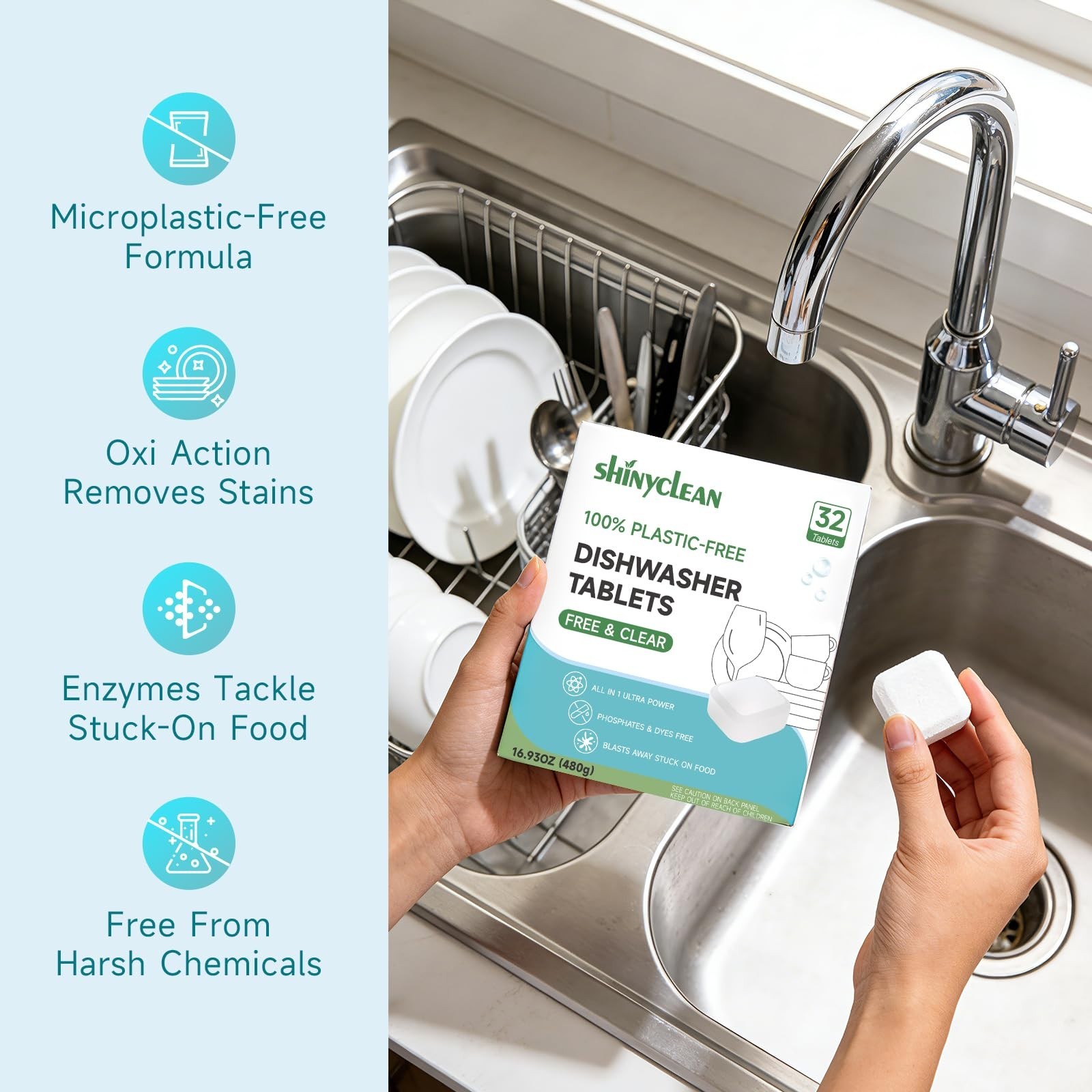 Plastic-Free Dishwasher Tablets 32 Count | All-in-One Pods, Enzyme-Powered, Phos