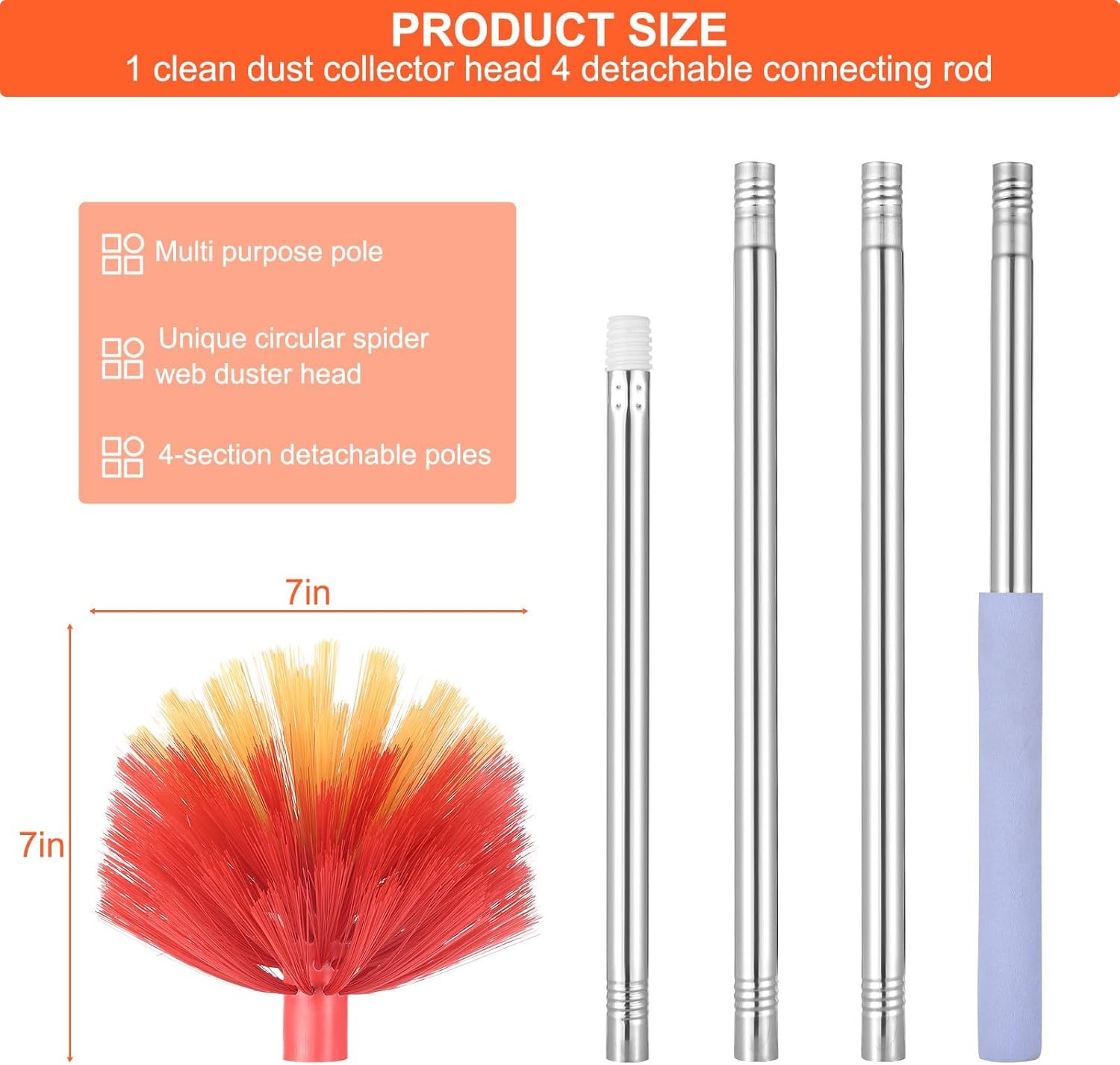 Cobweb Duster with Extension Pole, 59″ Adjustable Stainless Steel Pole, Washable